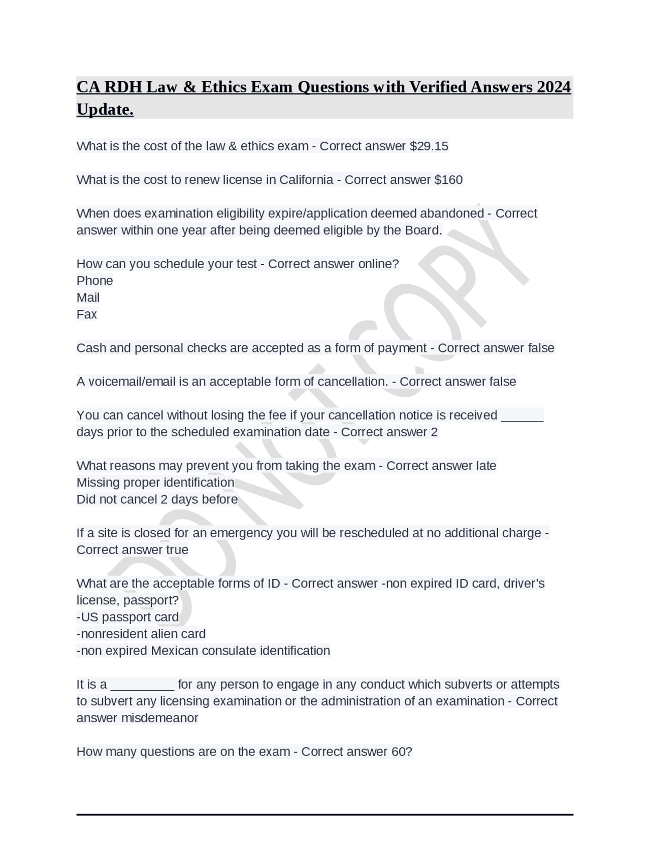 CA RDH Law & Ethics Exam Questions with Verified Answers 2024 Update