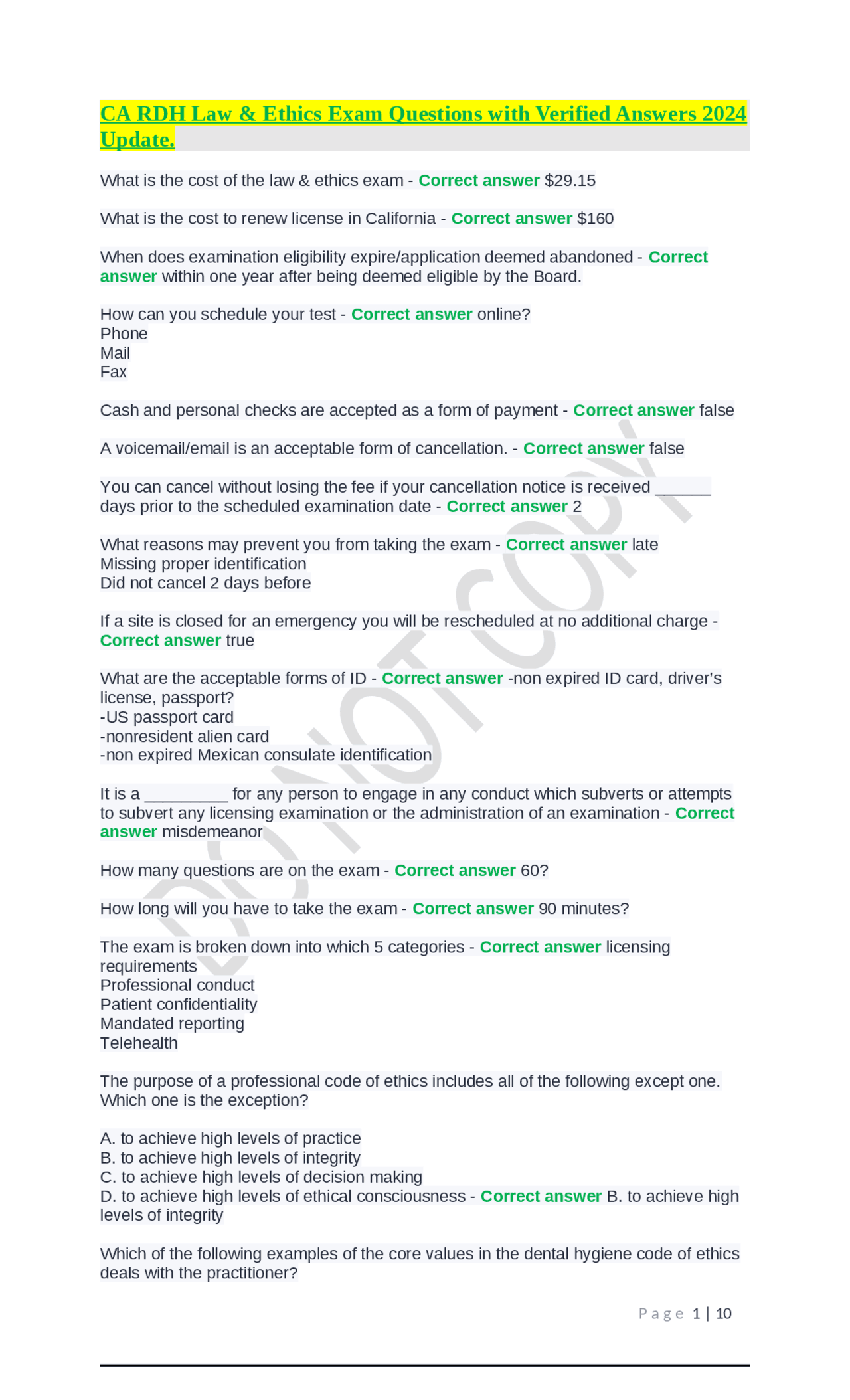 CA RDH Law & Ethics Exam Questions with Verified Answers 2024 Update