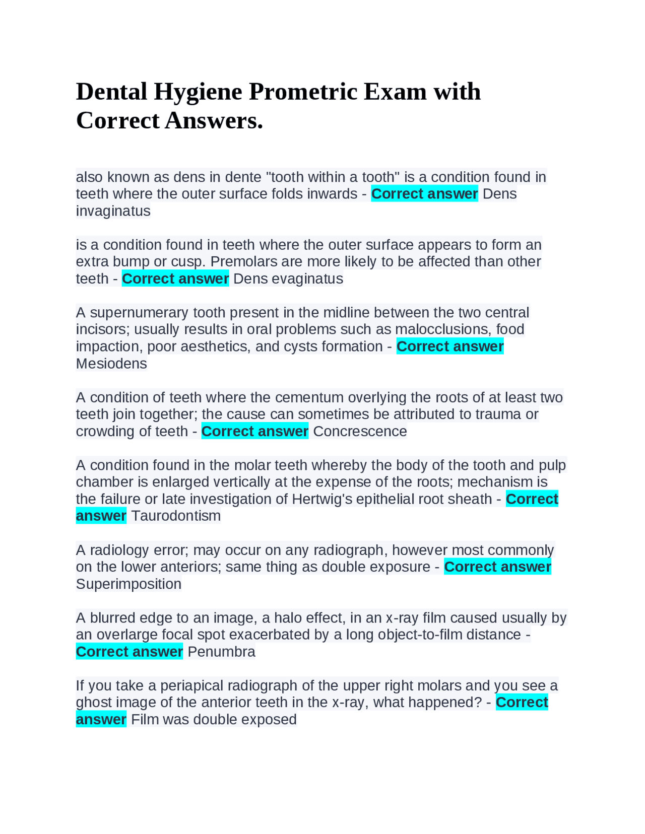 Dental Hygiene Prometric Exam with Correct Answers. Exams Dental