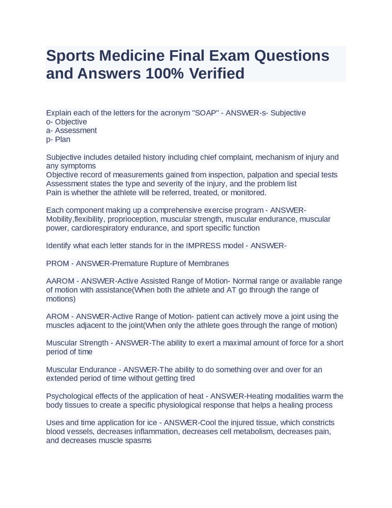 Sports Medicine Final Exam Questions and Answers 100 Verified Exams