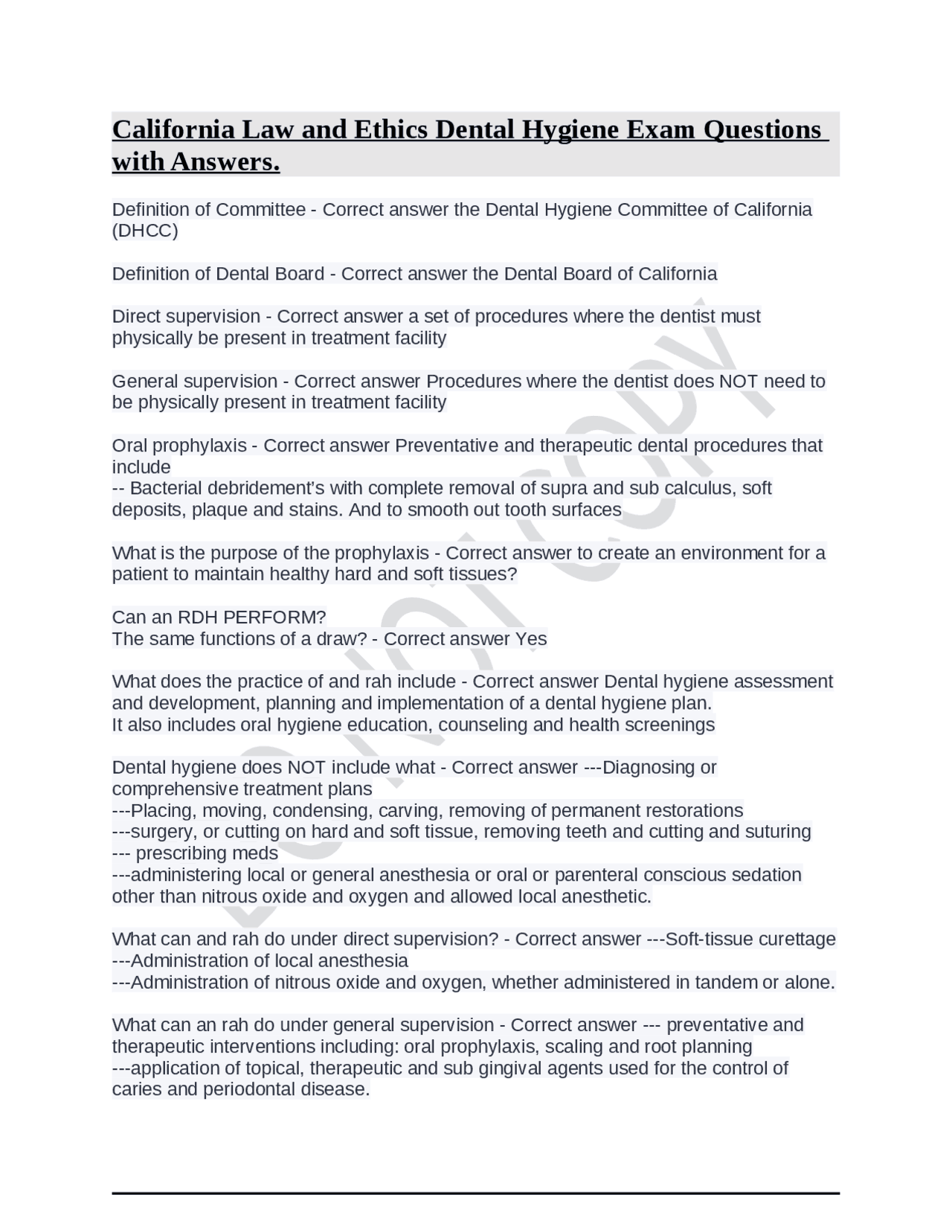 California Law and Ethics Dental Hygiene Exam Questions with Answers. Exams Media Laws and