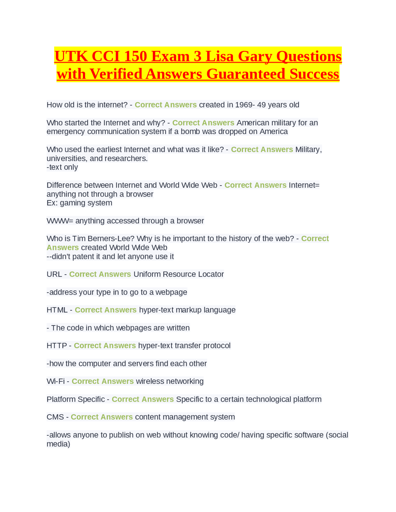 UTK CCI 150 Exam 3 Lisa Gary Questions with Verified Answers Guaranteed