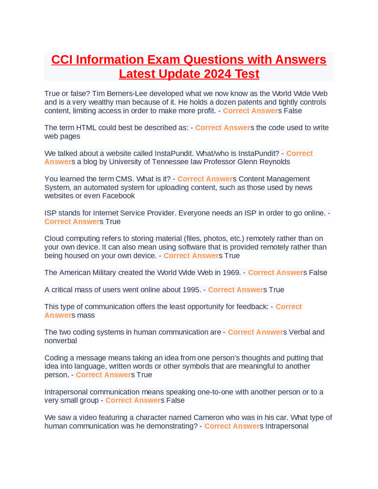 CCI Information Exam Questions with Answers Latest Update 2024 Test