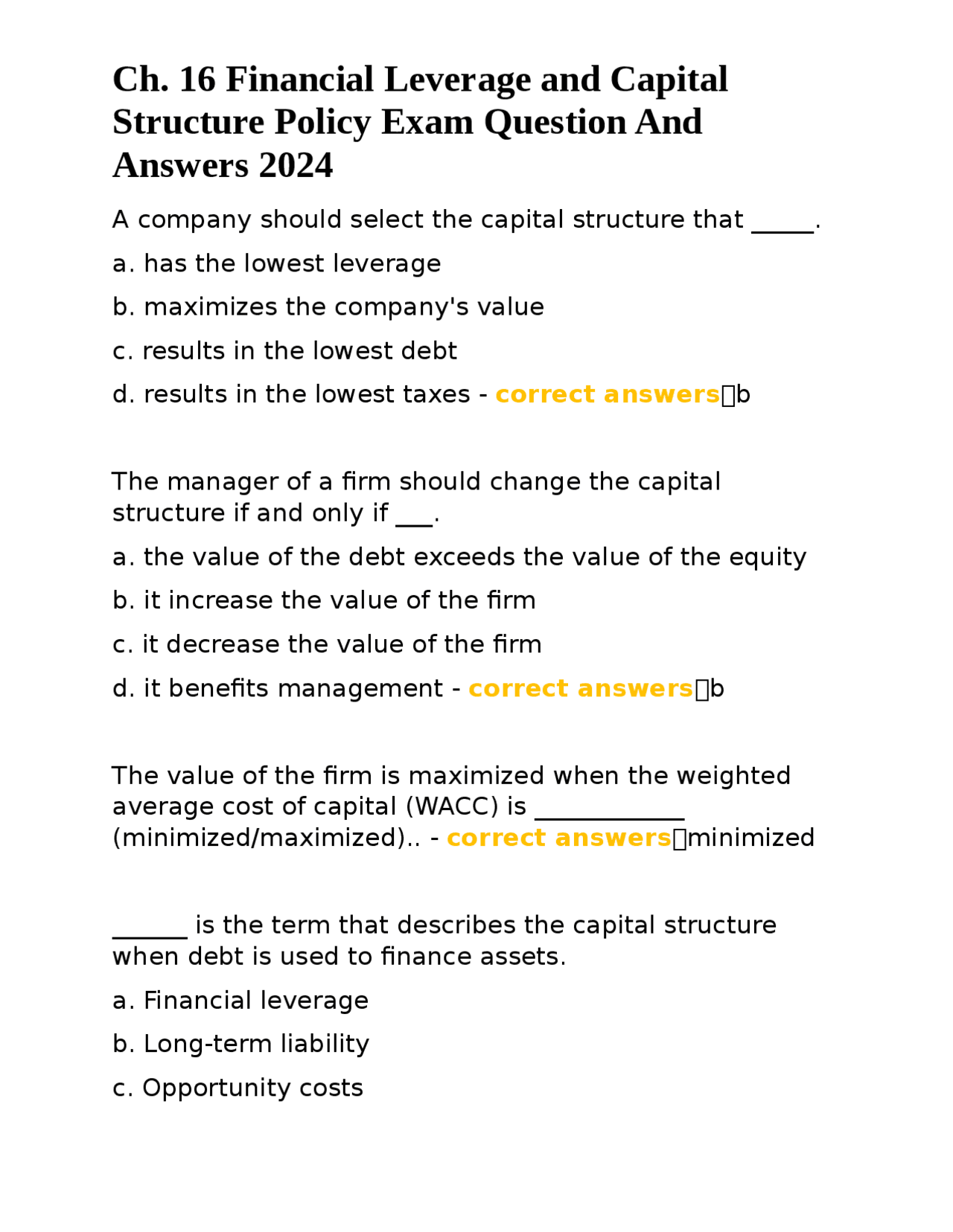 Ch. 16 Financial Leverage and Capital Structure Policy Exam Question And Answers 2024 Exams