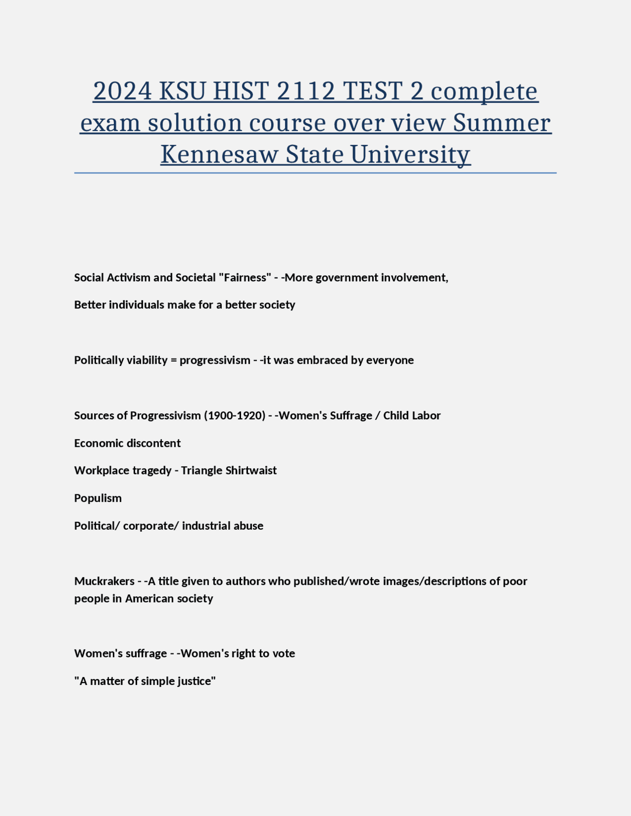 2024 KSU HIST 2112 TEST 2 complete exam solution course over view