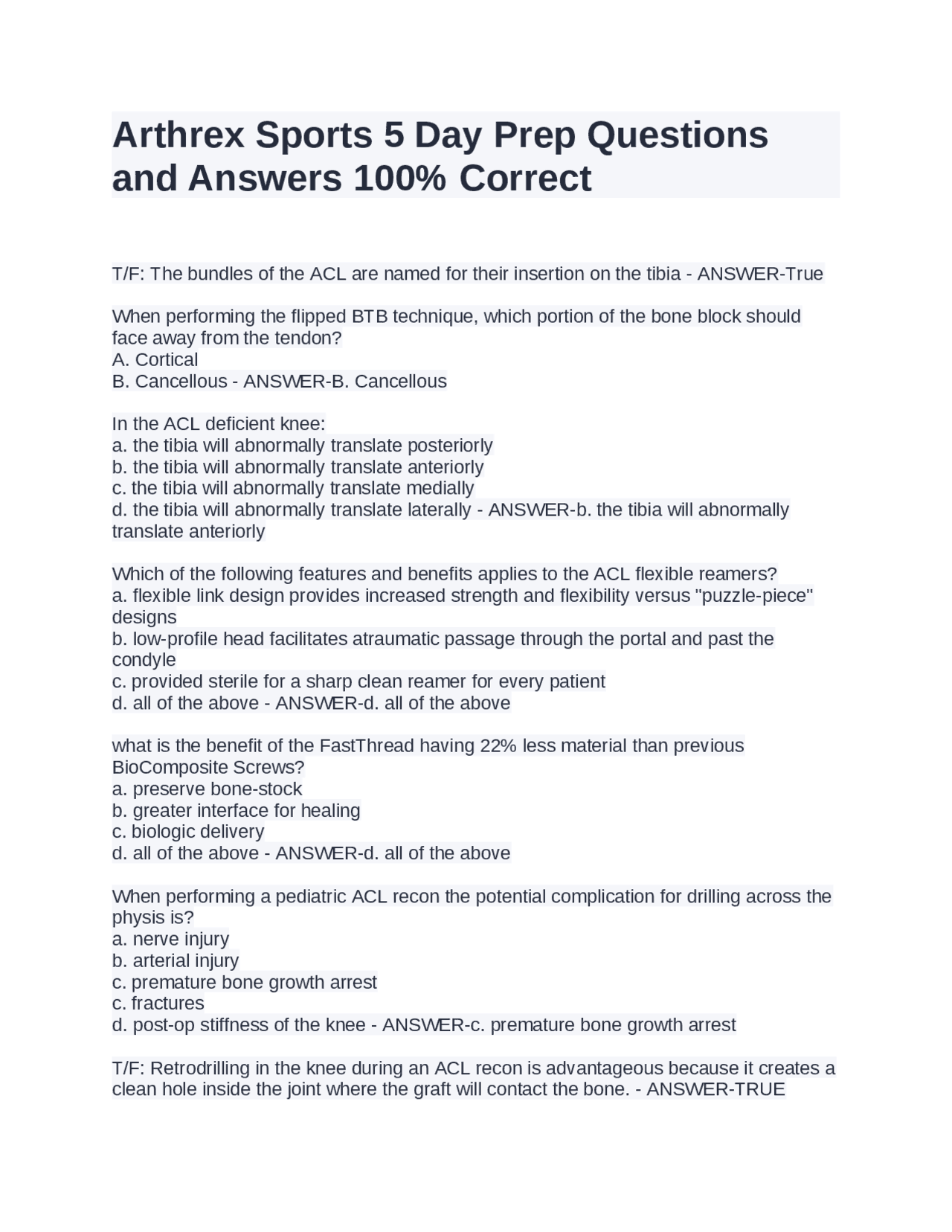 Arthrex Sports 5 Day Prep Questions and Answers 100 Correct Exams