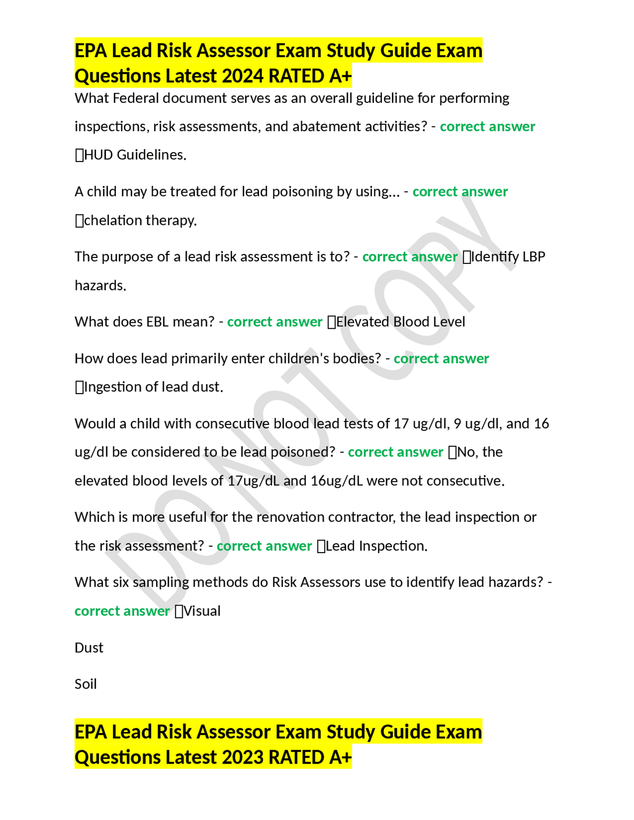 EPA Lead Risk Assessor Exam Study Guide | Exams Nursing | Docsity