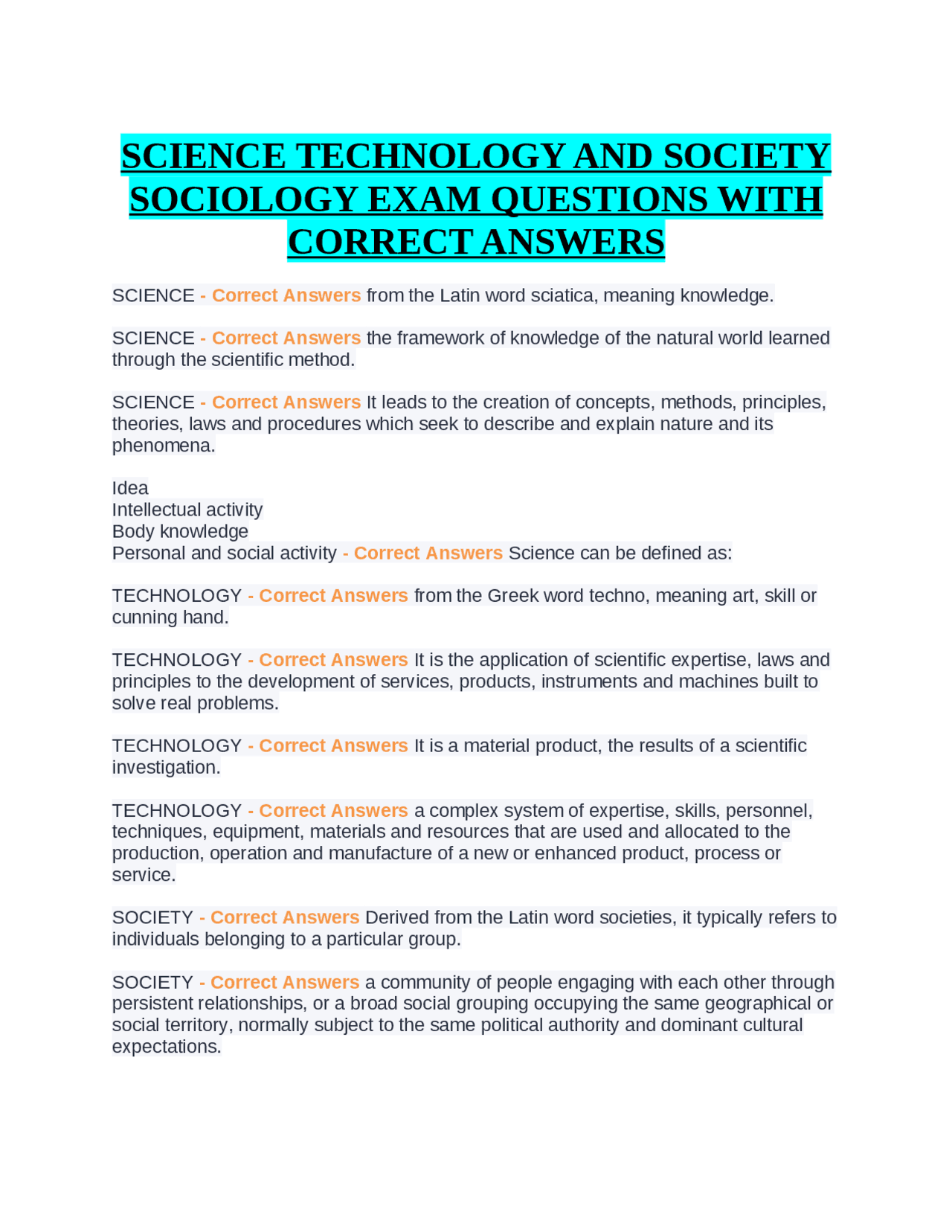 SCIENCE TECHNOLOGY AND SOCIETY SOCIOLOGY EXAM QUESTIONS WITH CORRECT ...