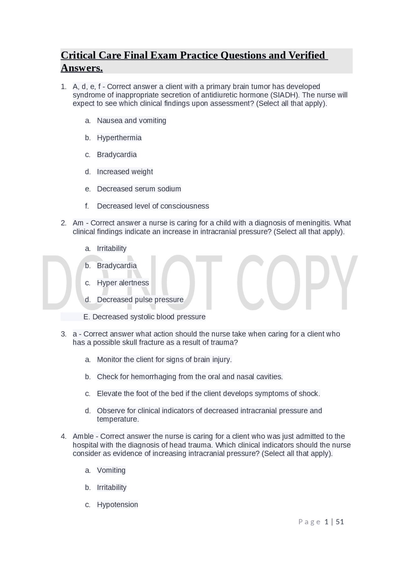 Critical Care Final Exam Practice Questions and Verified Answers ...