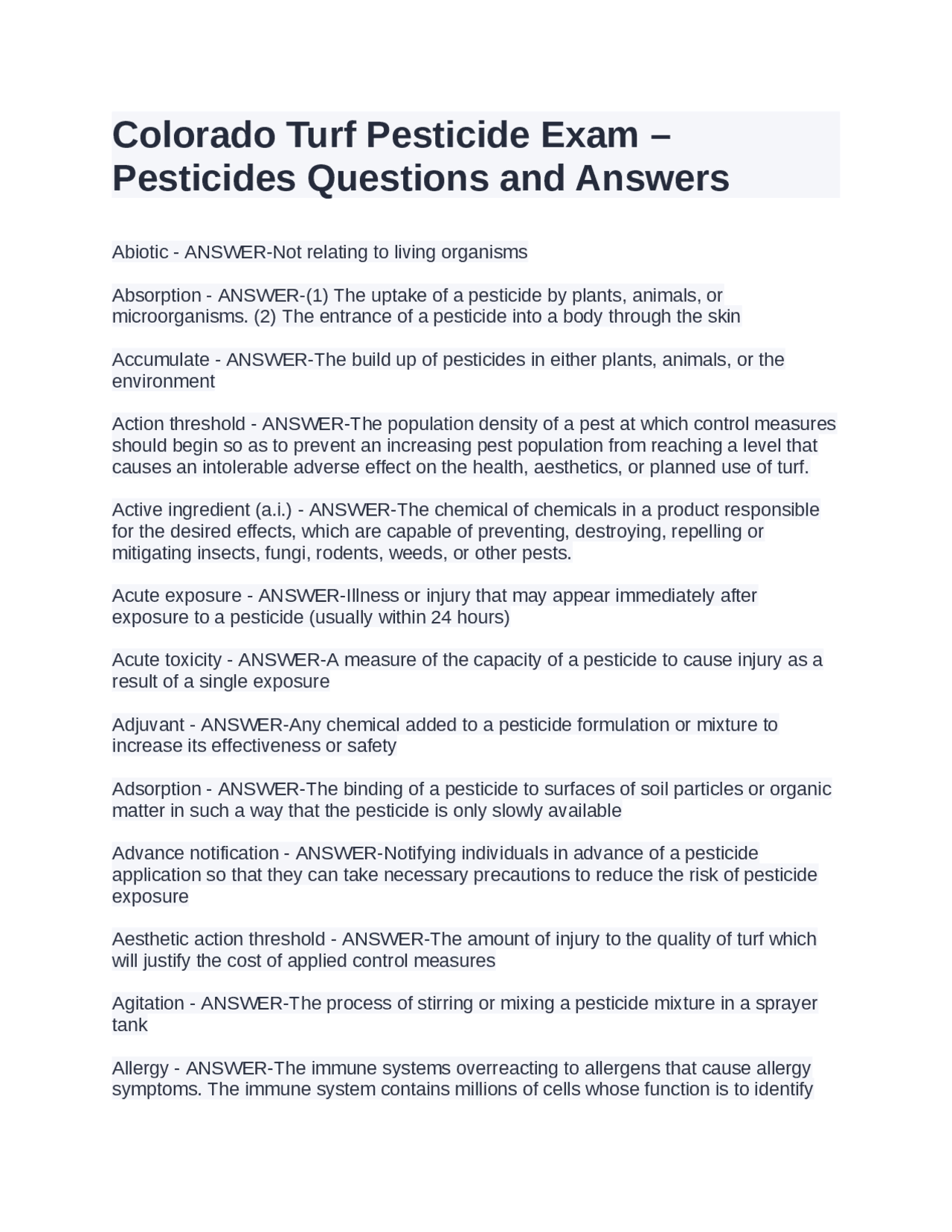 Colorado Turf Pesticide Exam Pesticides Questions and Answers Exams