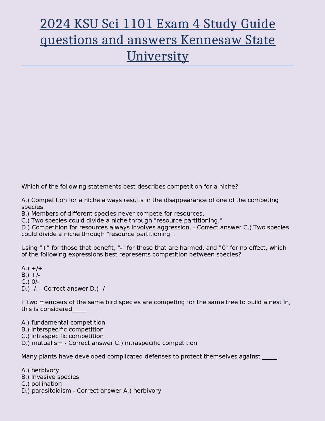 2024 KSU Sci 1101 Exam 4 Study Guide questions and answers Kennesaw