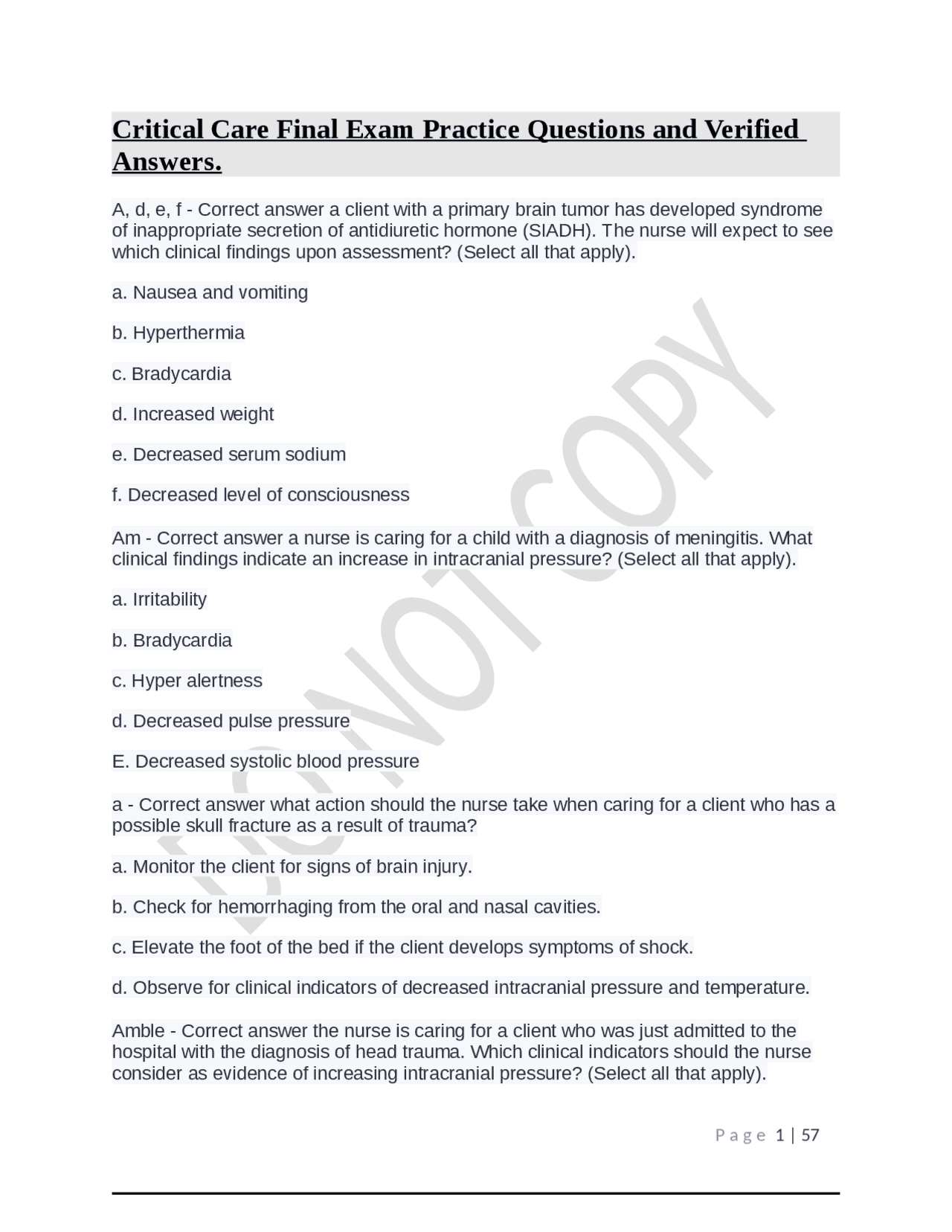 Critical Care Final Exam Practice Questions and Verified Answers ...