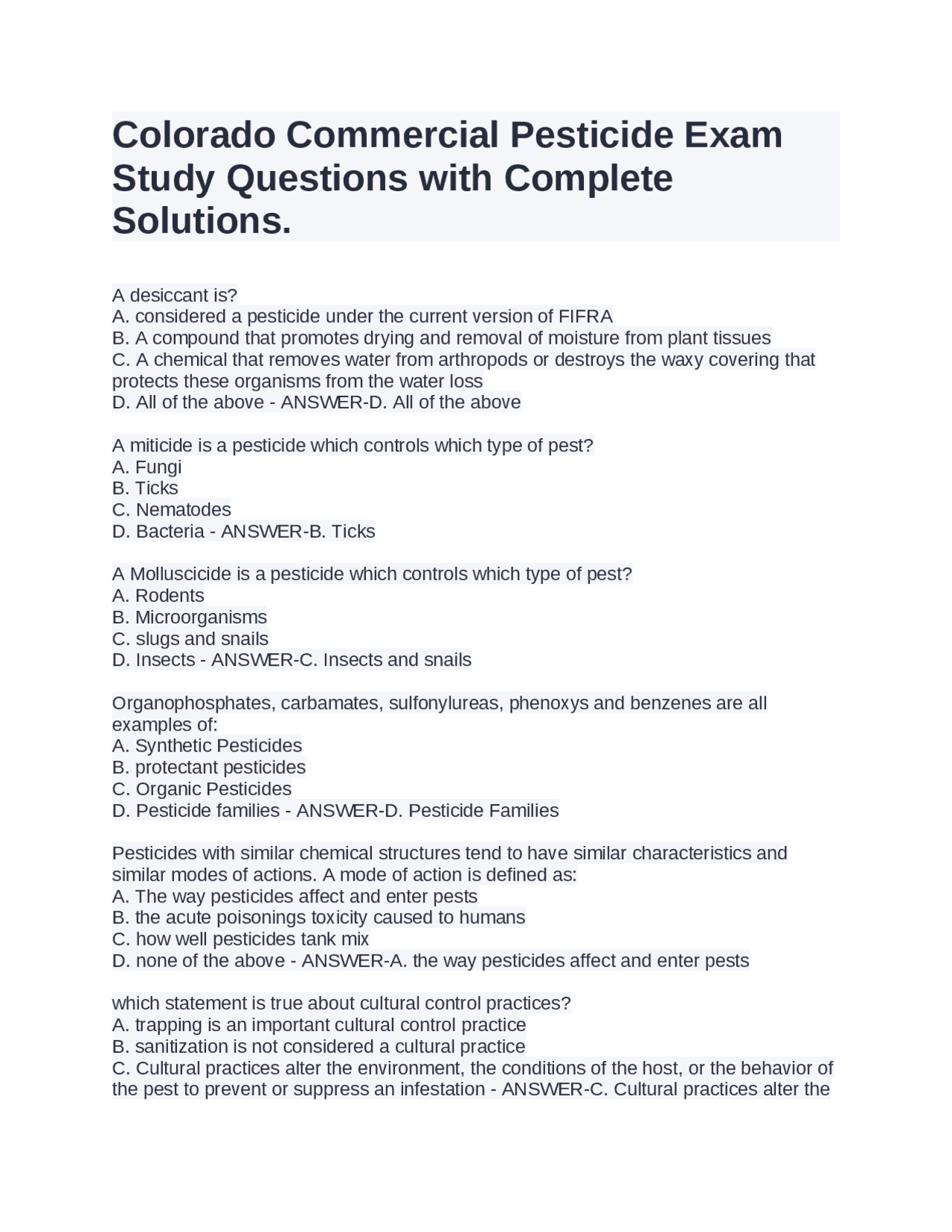 Colorado Commercial Pesticide Exam Study Questions With Complete