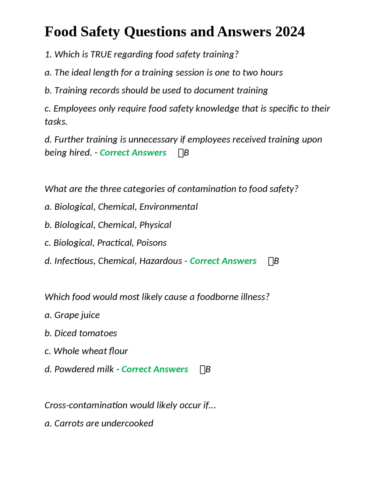 Food Safety Questions and Answers 2024 Exams Nursing Docsity