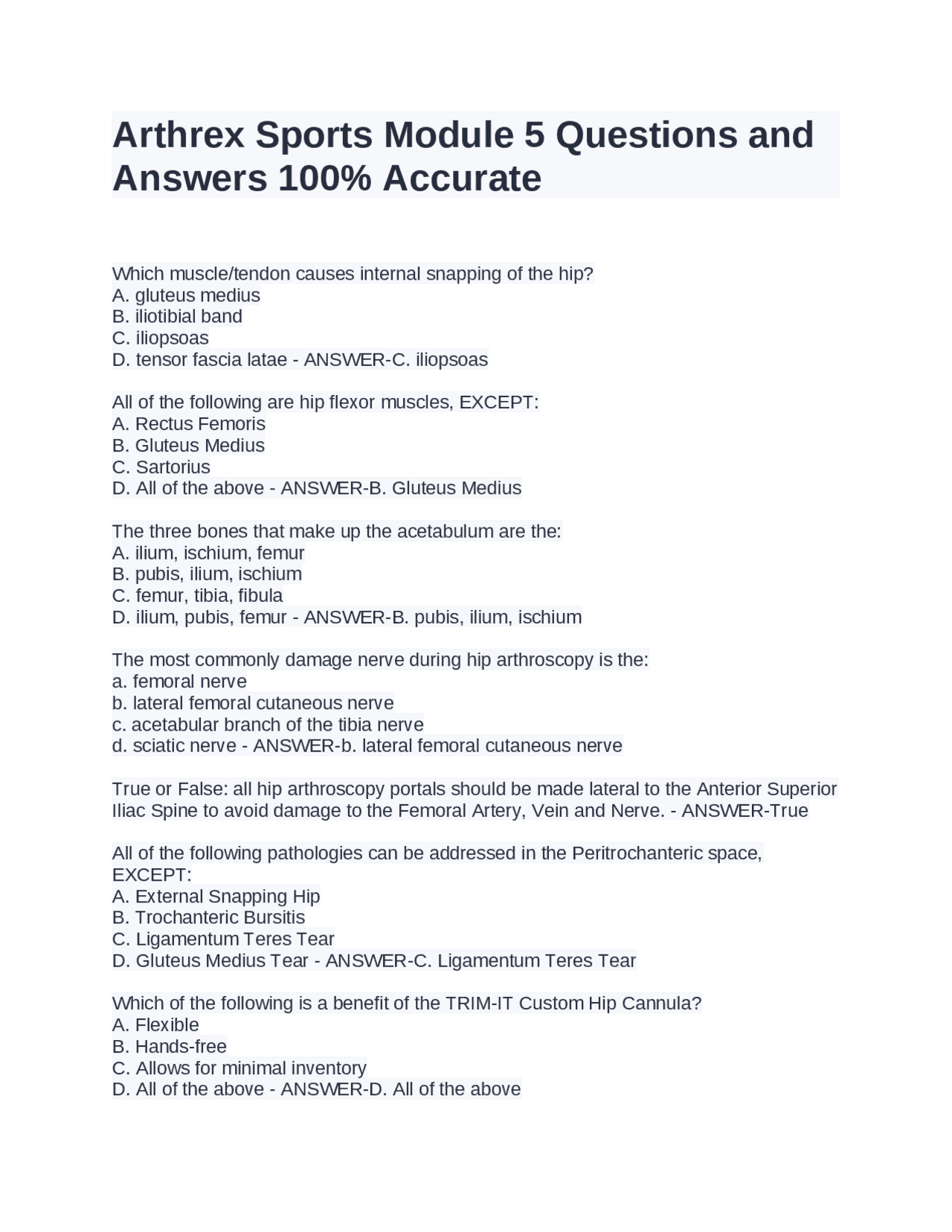 Arthrex Sports Module 5 Questions and Answers 100 Accurate Exams