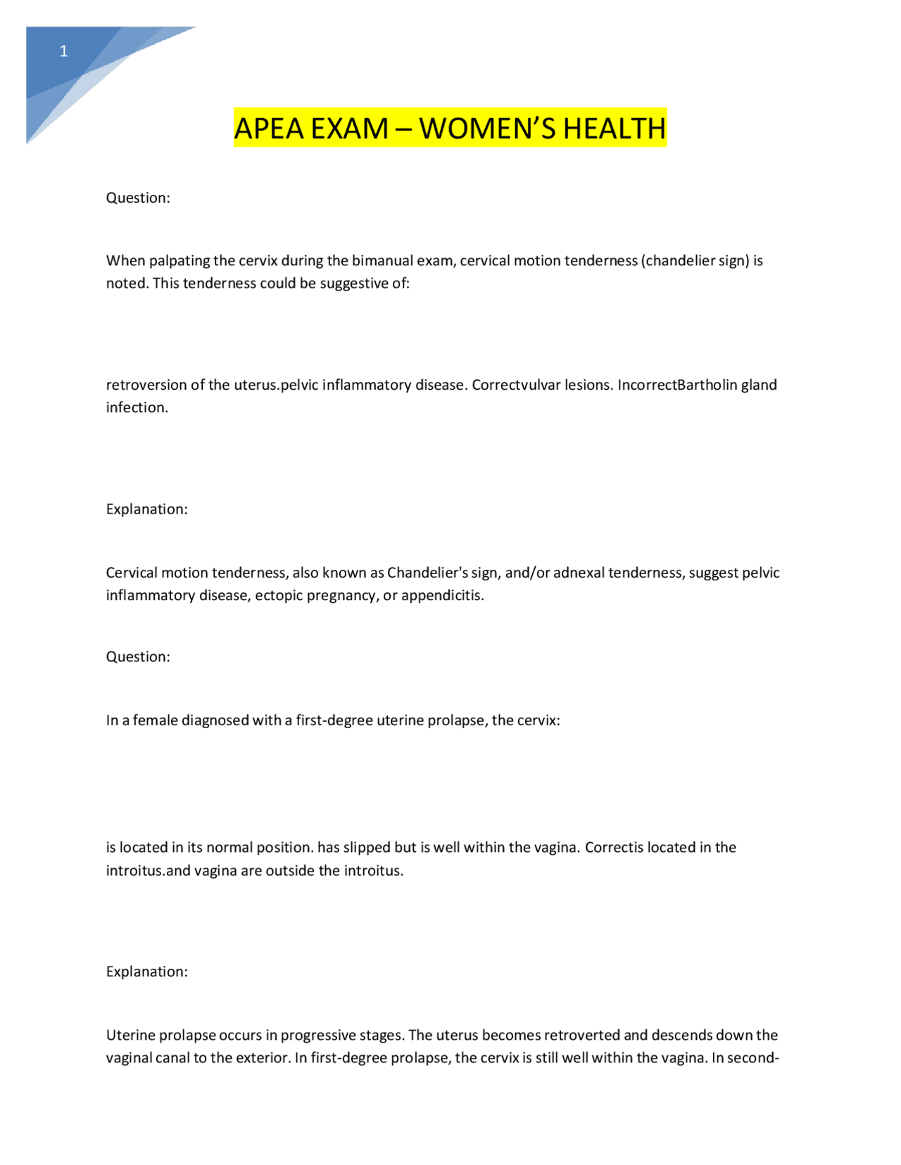 NR 509 APEA Exam Women’s Health (Question and Answers with