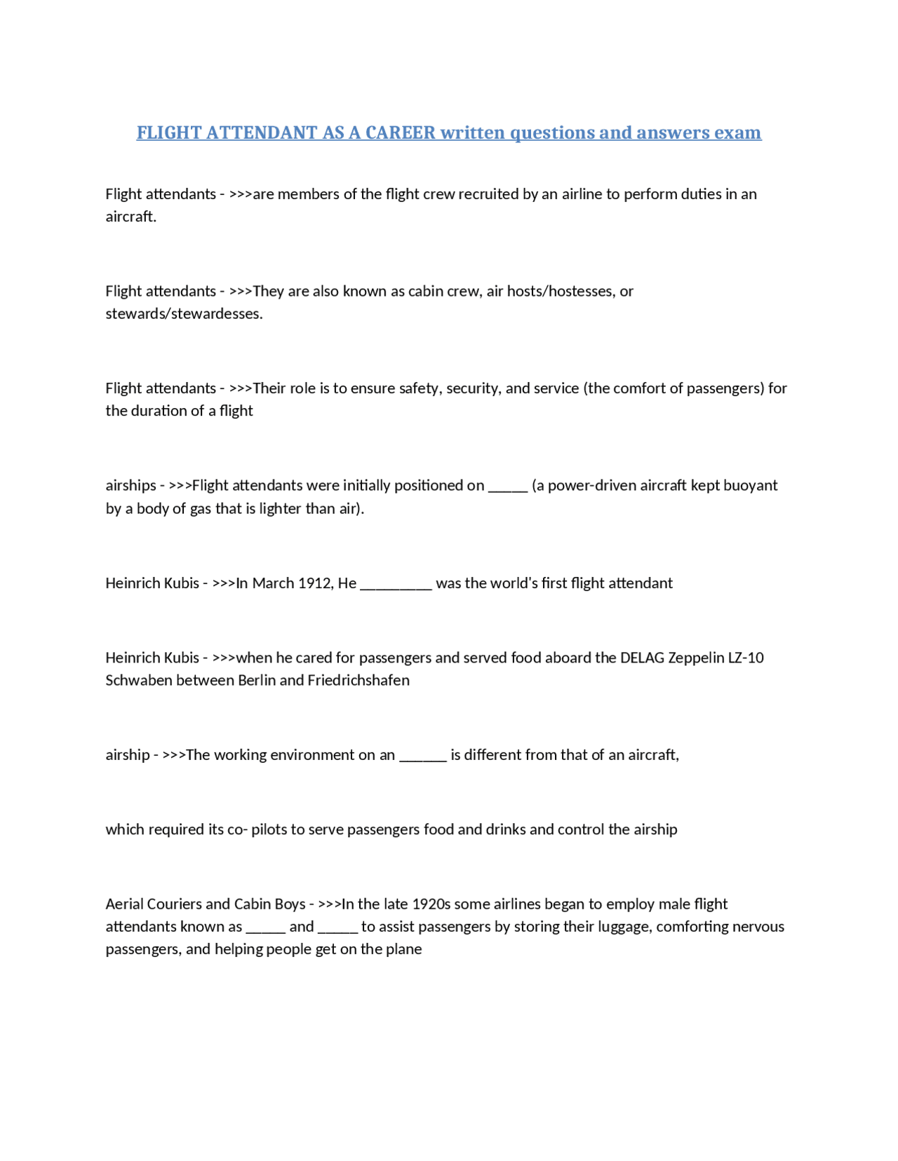 FLIGHT ATTENDANT AS A CAREER written questions and answers exam | Exams ...