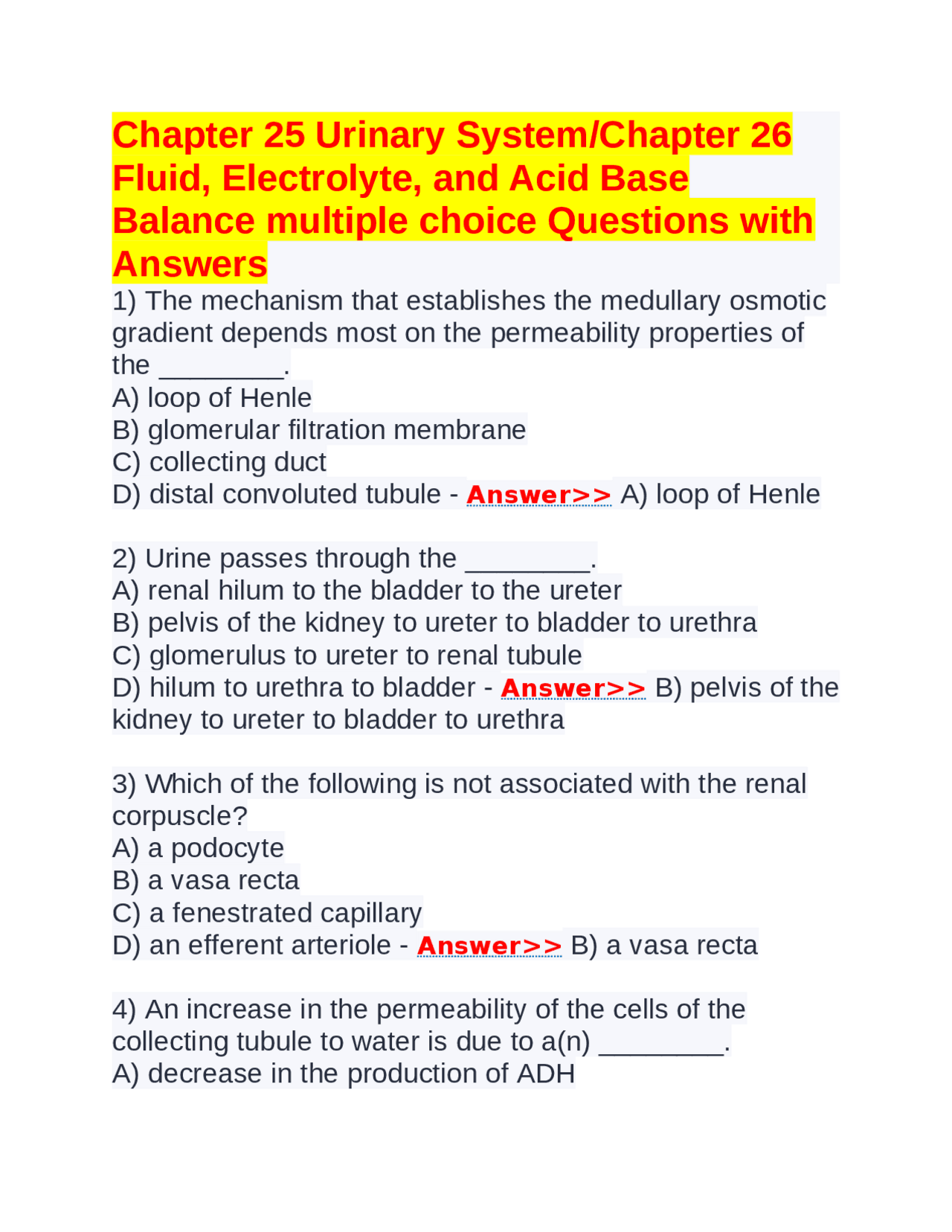 Chapter 25 Urinary System/Chapter 26 Fluid, Electrolyte, and Acid Base ...