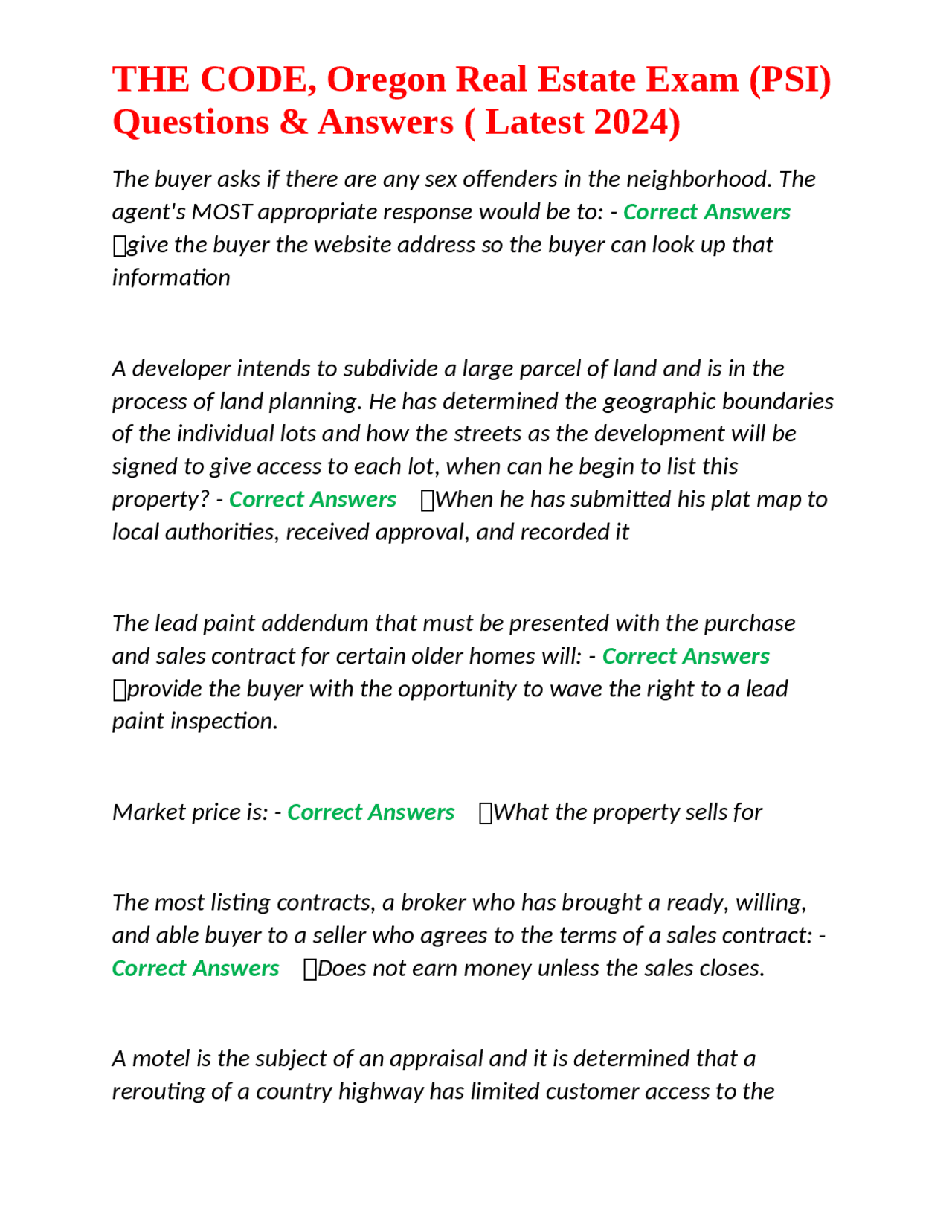 THE CODE, Oregon Real Estate Exam (PSI) Questions & Answers ( Latest