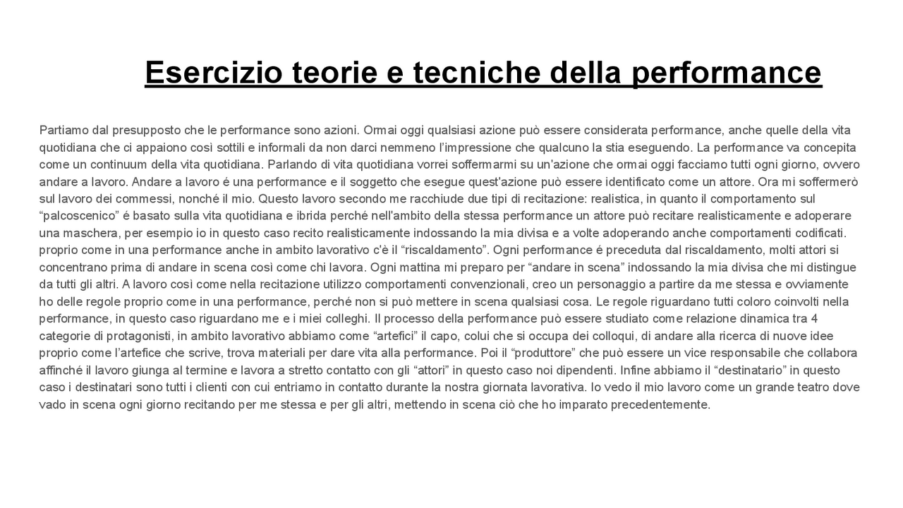 esercizio materia teorie e tecniche della performance | Prove d'esame