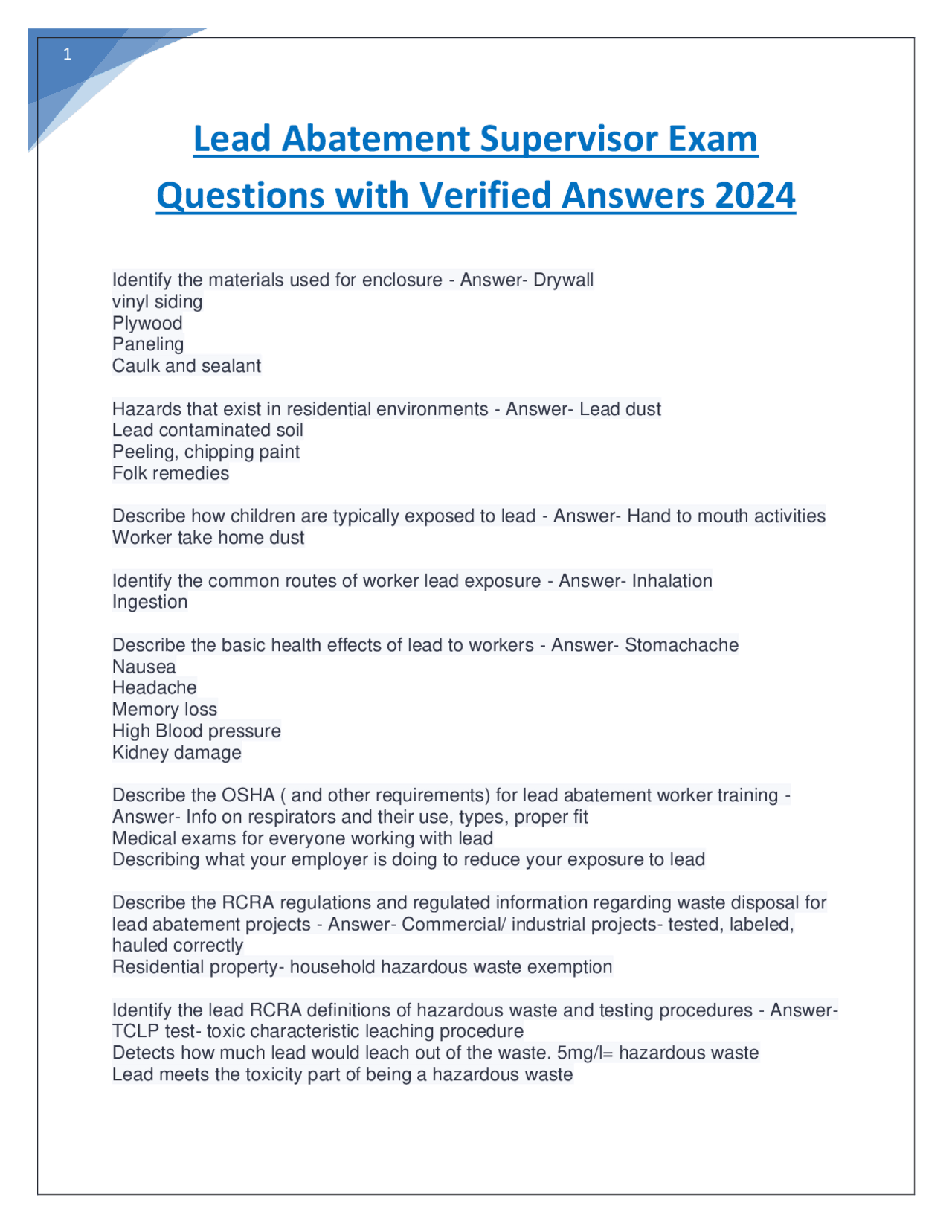 Lead Abatement Supervisor Exam Questions with Verified Answers 2024