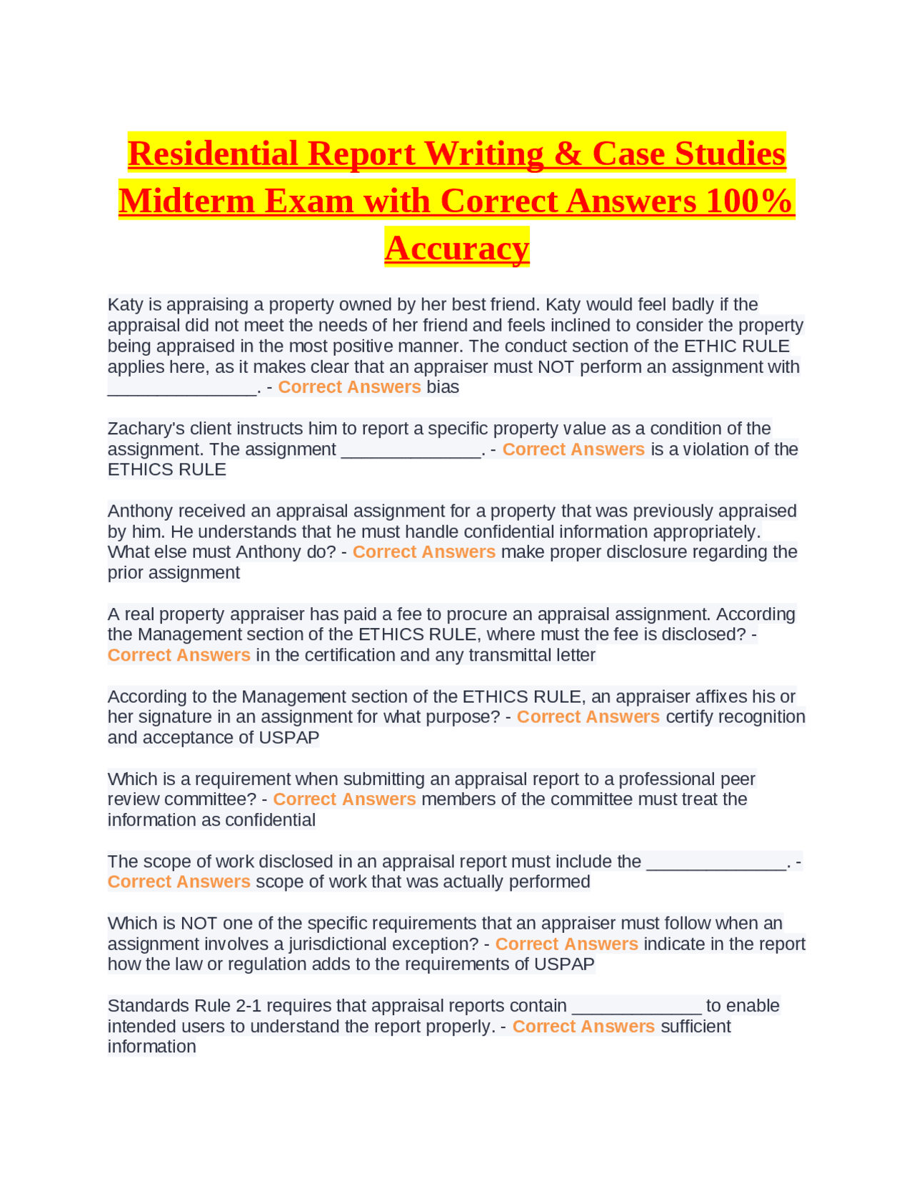 Report Samples Answer Residential Report Writing & Case Studies Midterm Exam with Correct ...