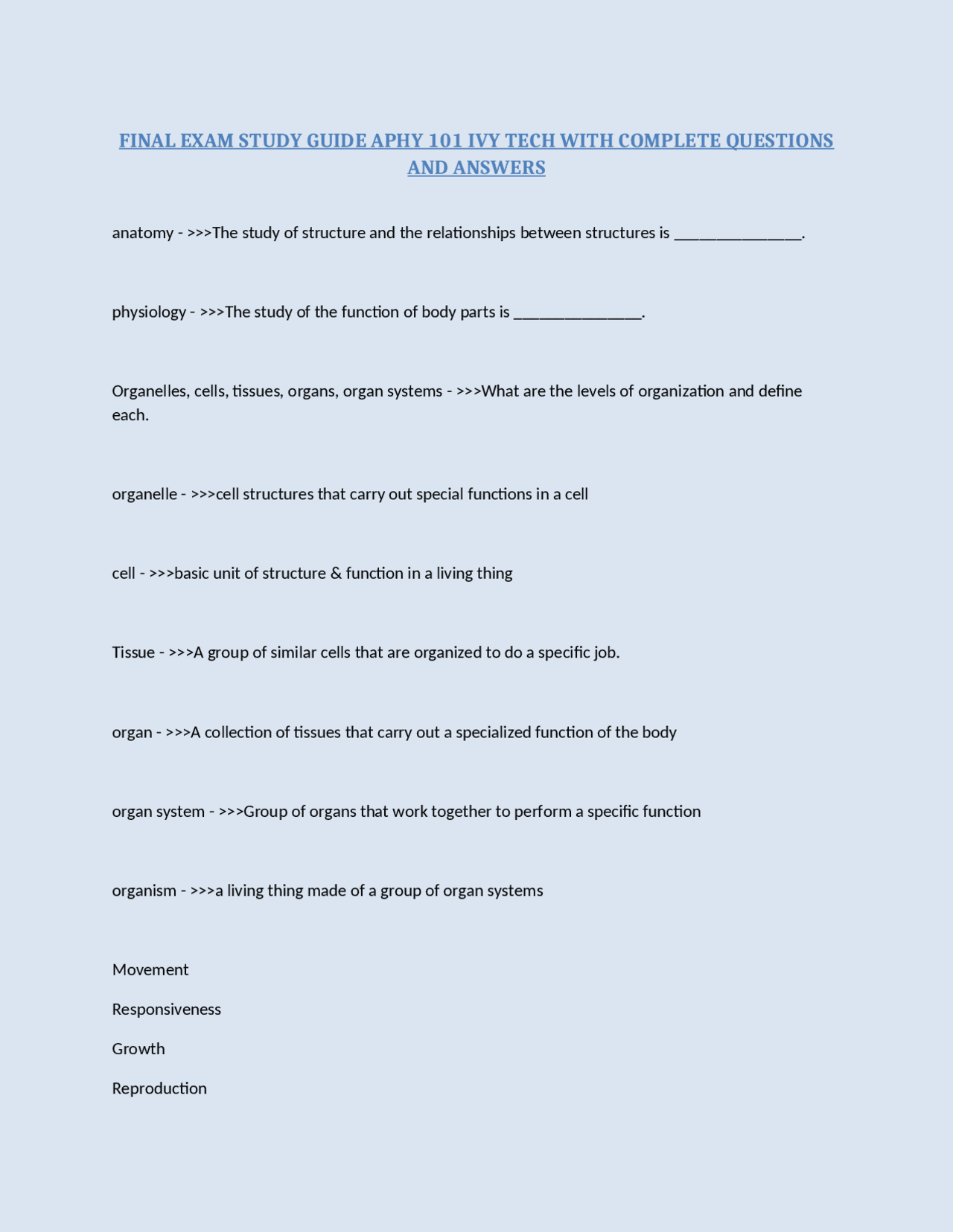 FINAL EXAM STUDY GUIDE APHY 101 IVY TECH WITH COMPLETE QUESTIONS AND ...
