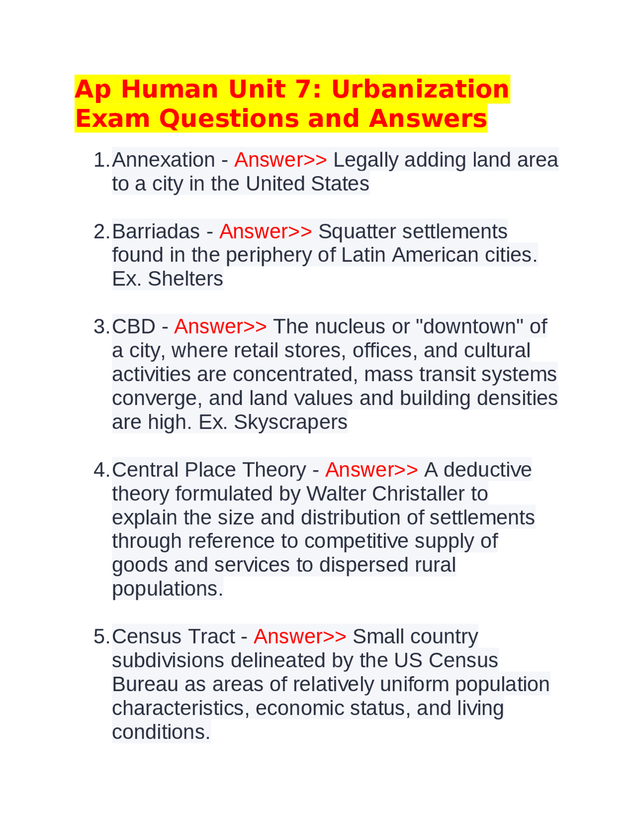 Ap Human Unit 7 Urbanization Exam Questions and Answers Exams Human