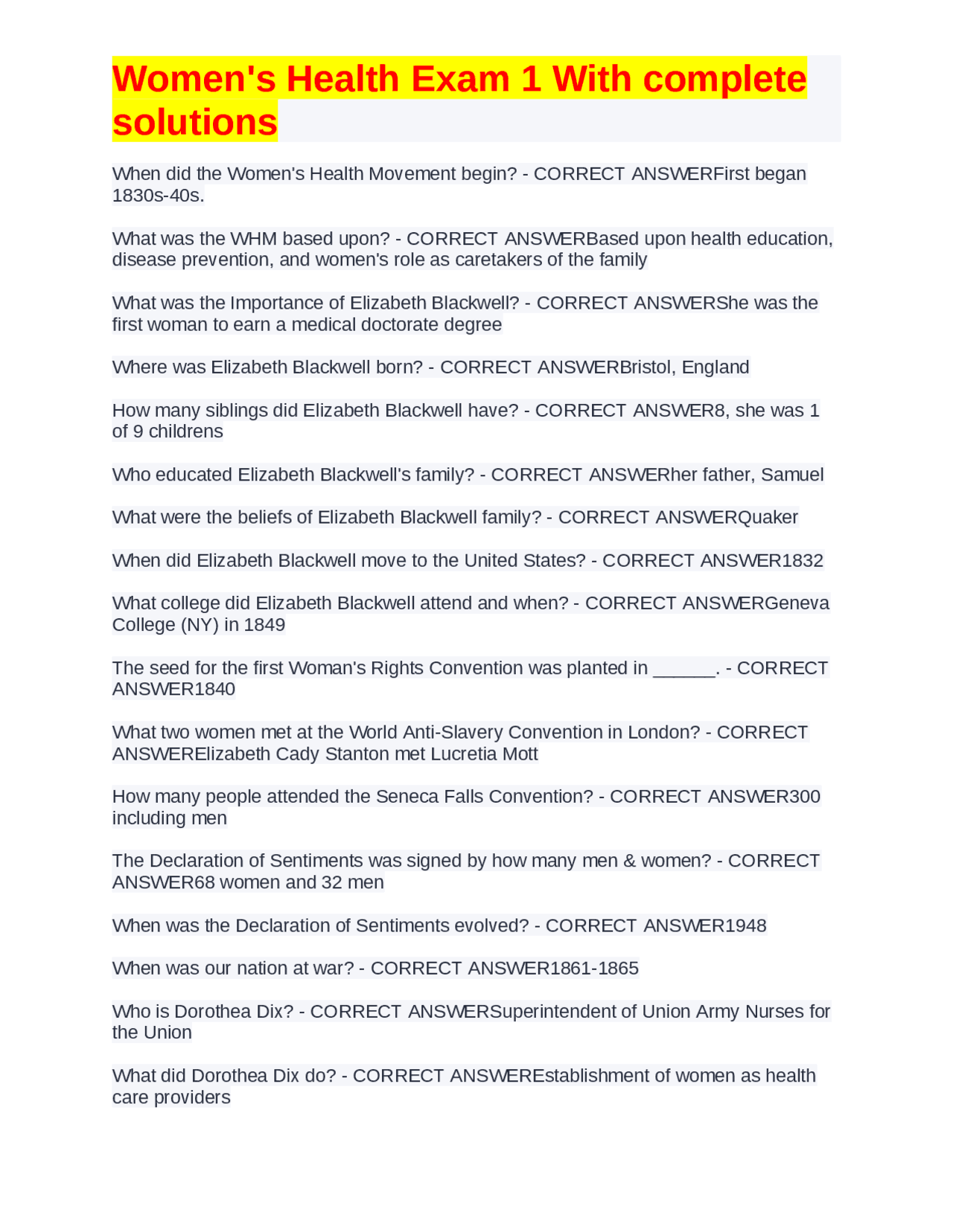 Women's Health Exam 1 With complete solutions Exams Public Health