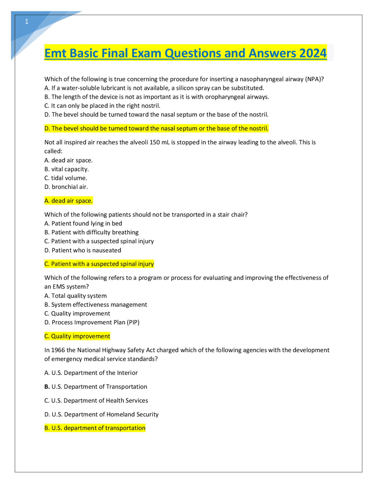 Emt Basic Final Exam Questions and Answers 2024 | Exams Nursing | Docsity