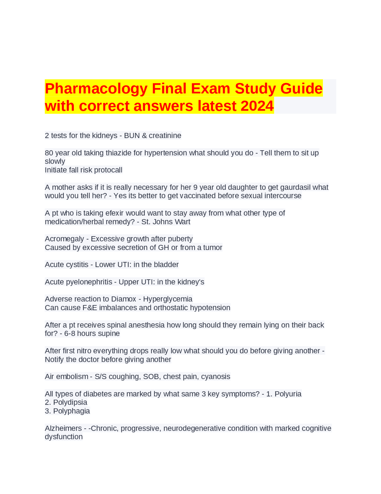 Pharmacology Final Exam Study Guide with correct answers latest 2024 ...