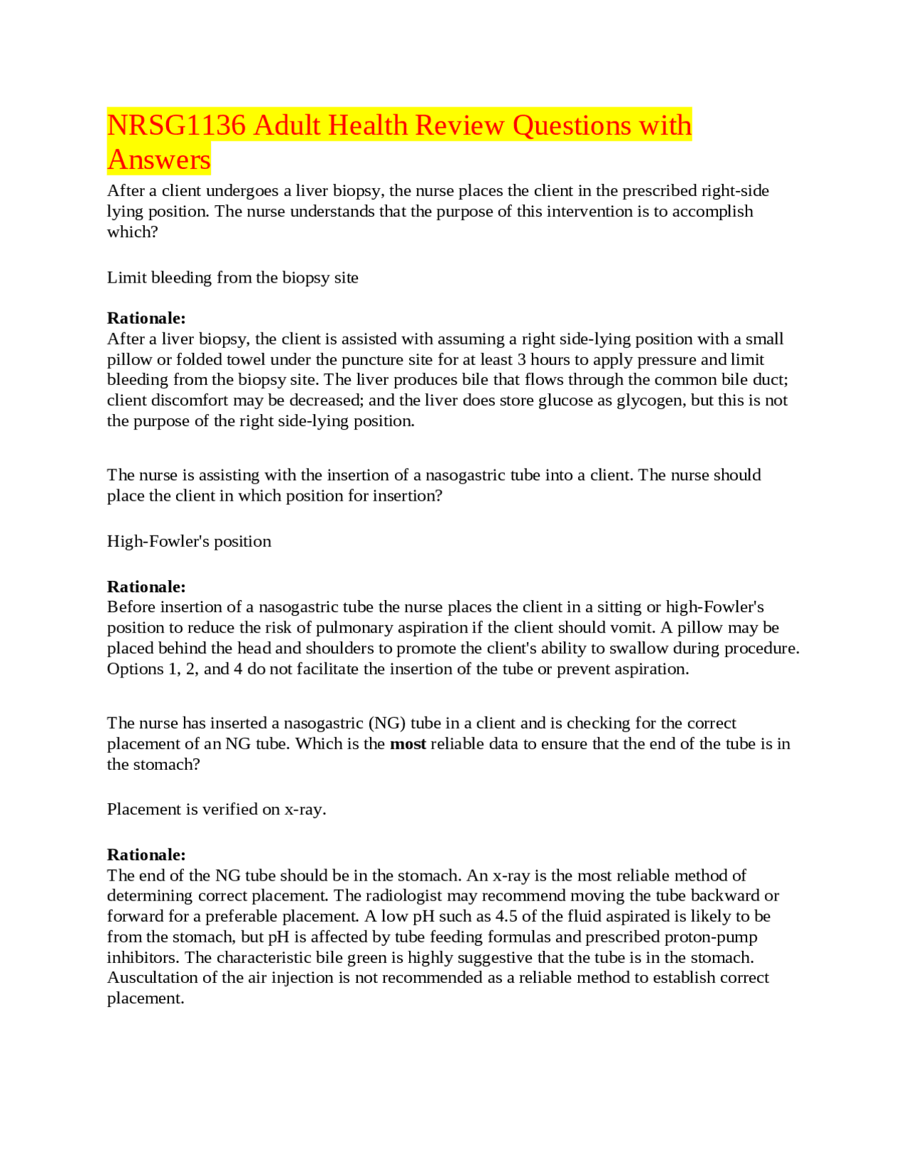NRSG1136 Adult Health Review Questions with Answers | Exams Nursing ...
