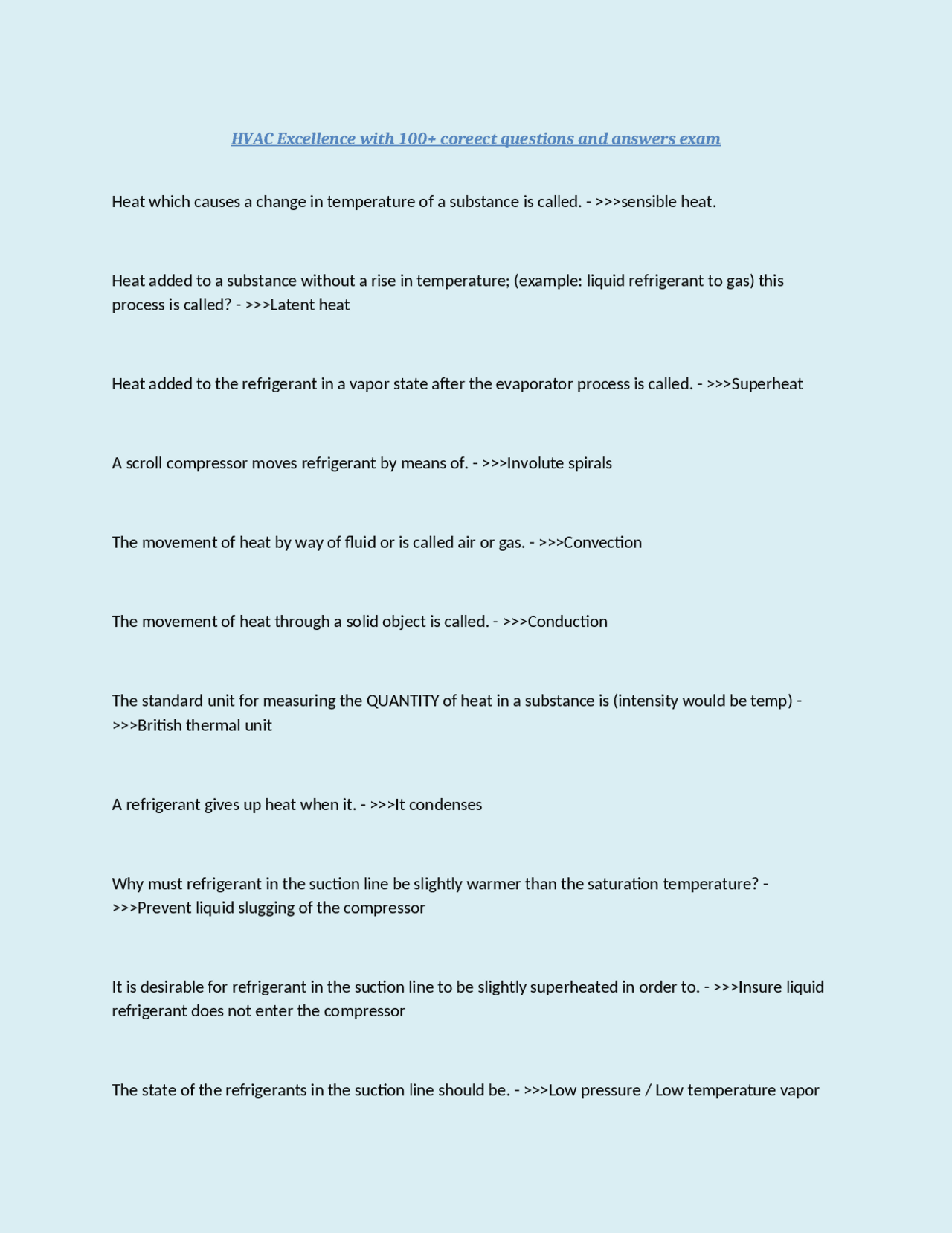 HVAC Excellence with 100+ correct questions and answers exam Exams