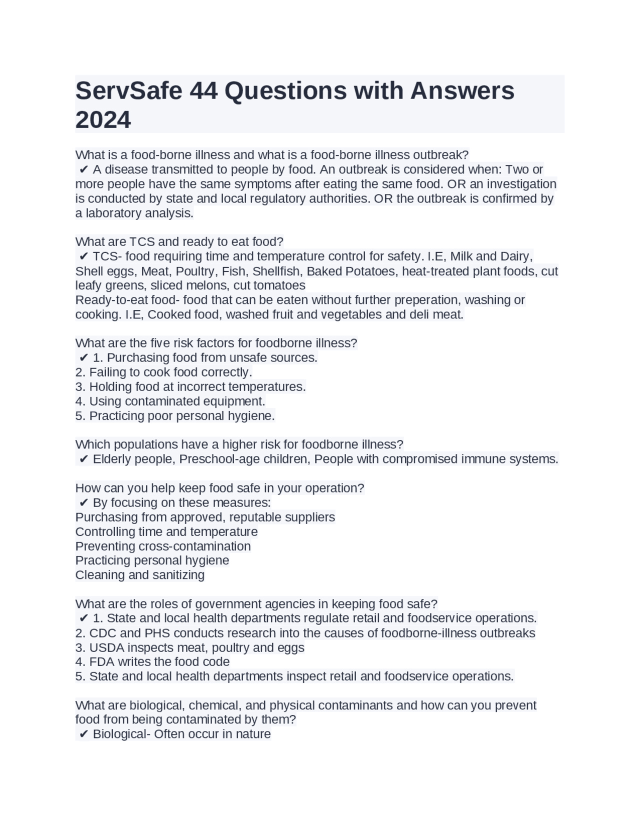 ServSafe 44 Questions with Answers 2024 | Exams Nursing | Docsity