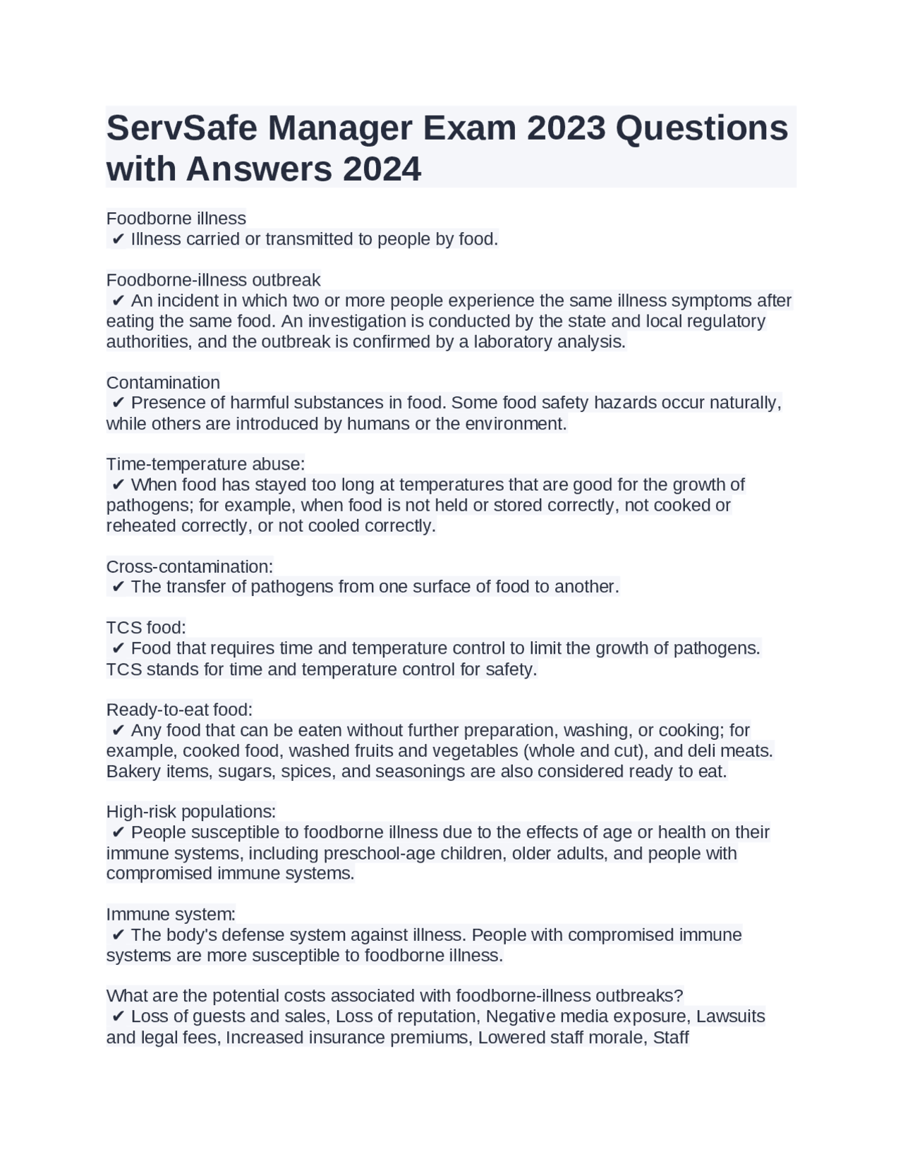 ServSafe Manager Exam 2023 Questions with Answers 2024 | Exams Medicine ...