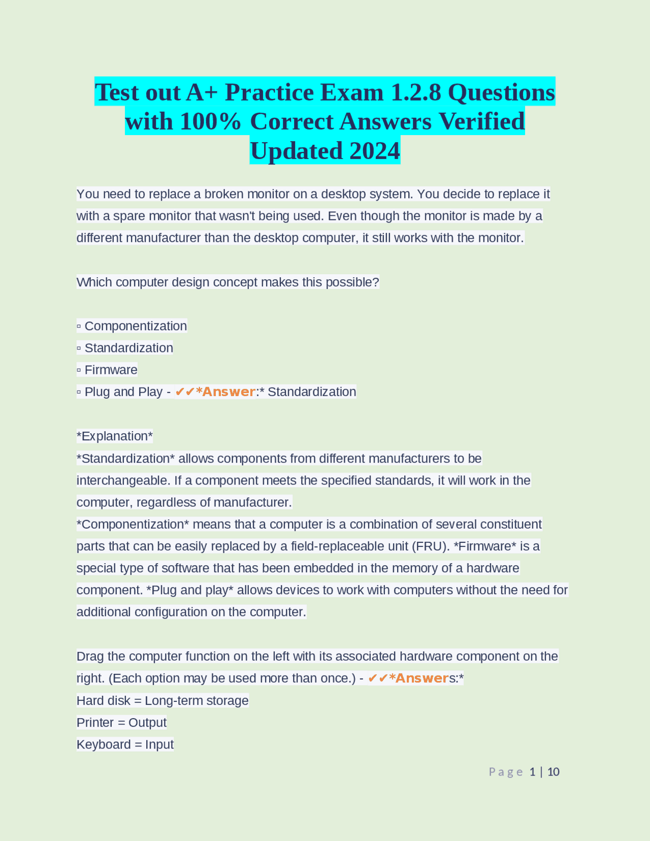Test out A+ Practice Exam 1.2.8 Questions with 100% Correct Answers ...