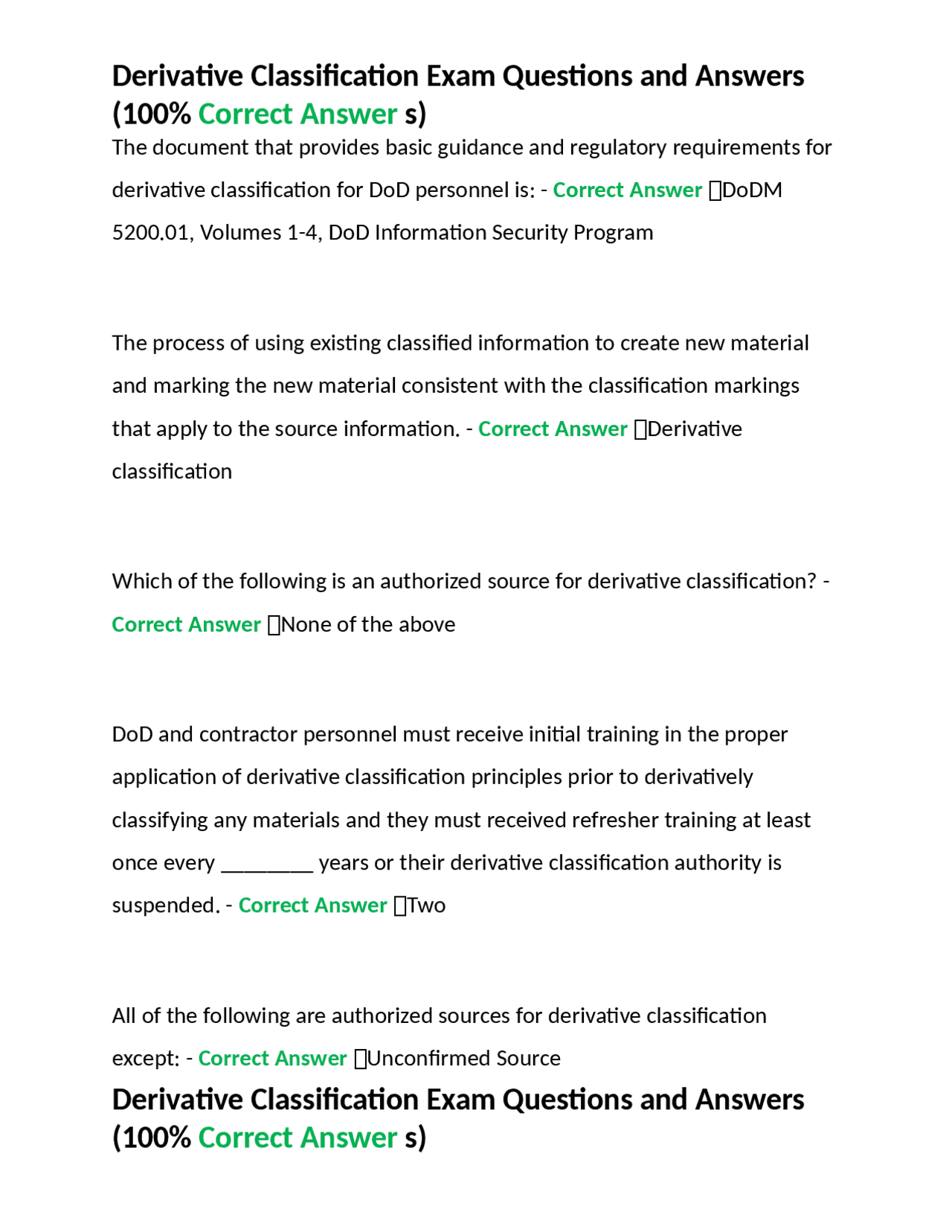 Derivative Classification Exam Questions and Answers (100% Correct ...