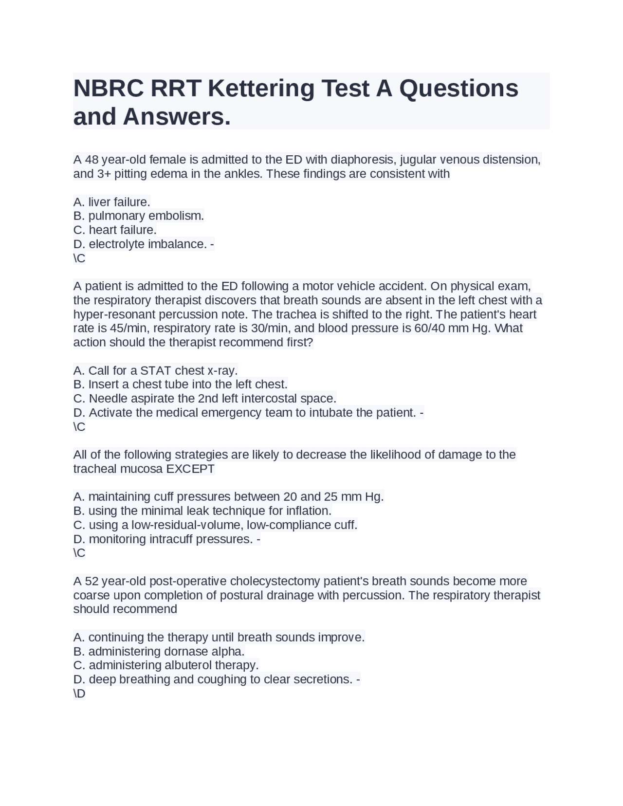 NBRC RRT Kettering Test A Questions and Answers. Exams Medicine Docsity