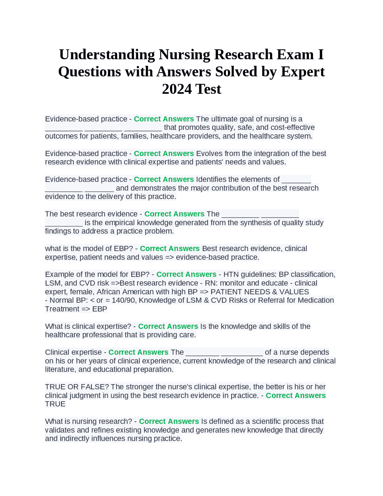 Understanding Nursing Research Exam I Questions with Answers Solved by ...