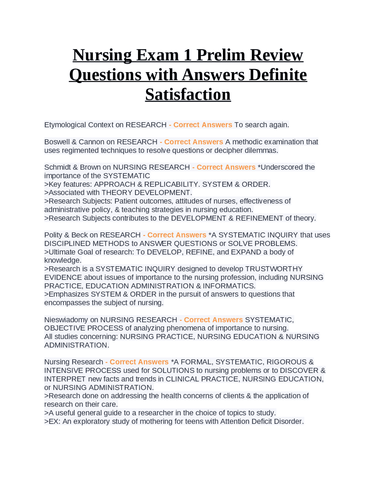 Nursing Exam 1 Prelim Review Questions with Answers Definite ...