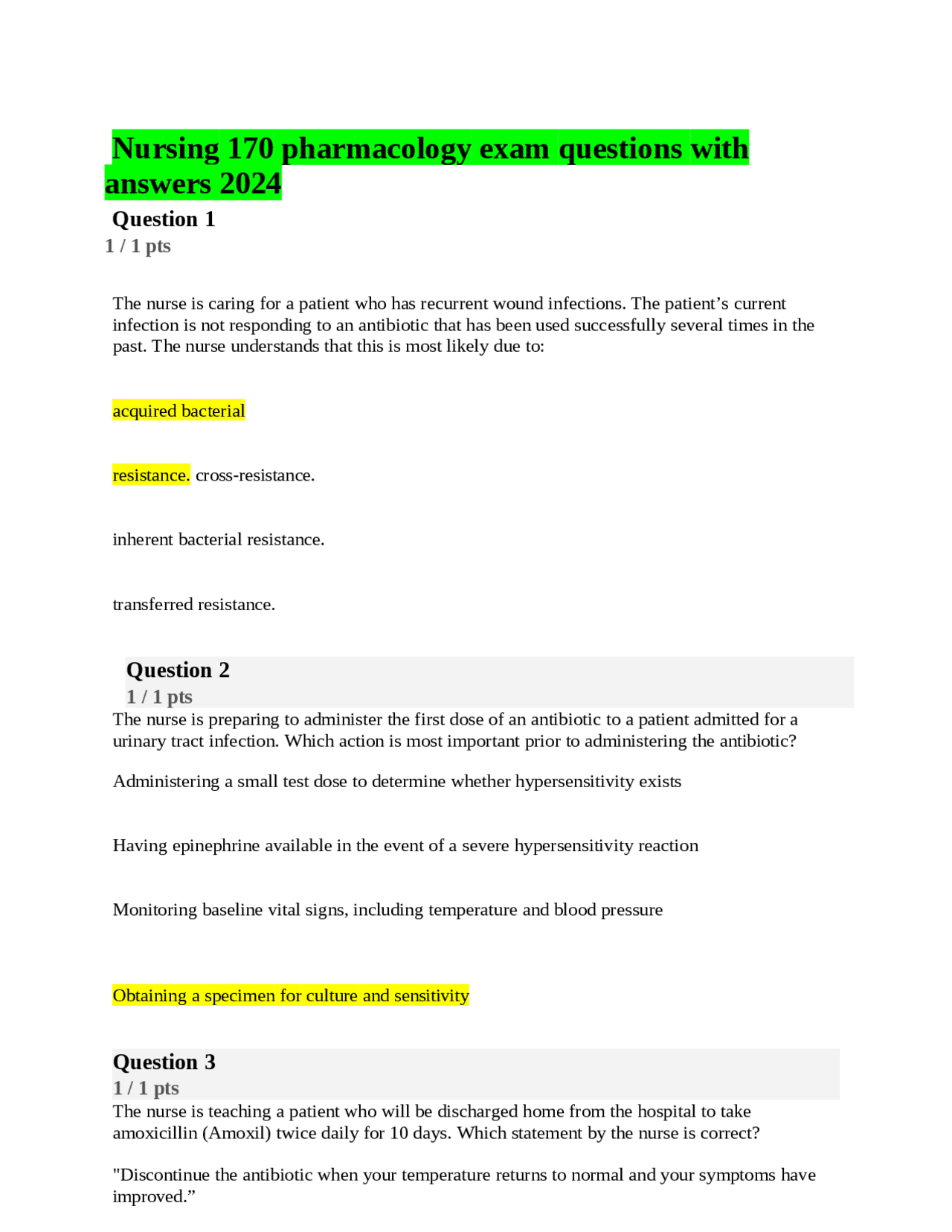 Nursing 170 pharmacology exam questions with answers 2024 | Exams ...