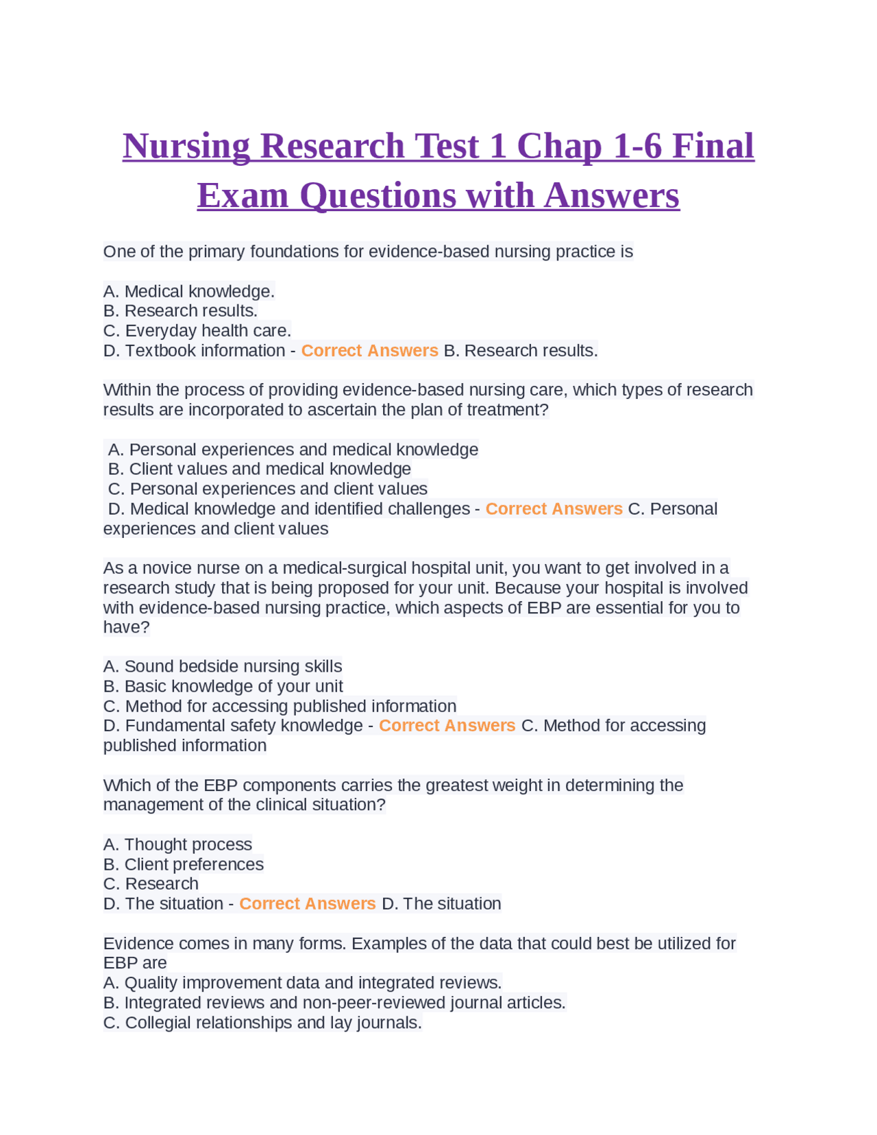 Nursing Research Test 1 Chap 1-6 Final Exam Questions with Answers ...