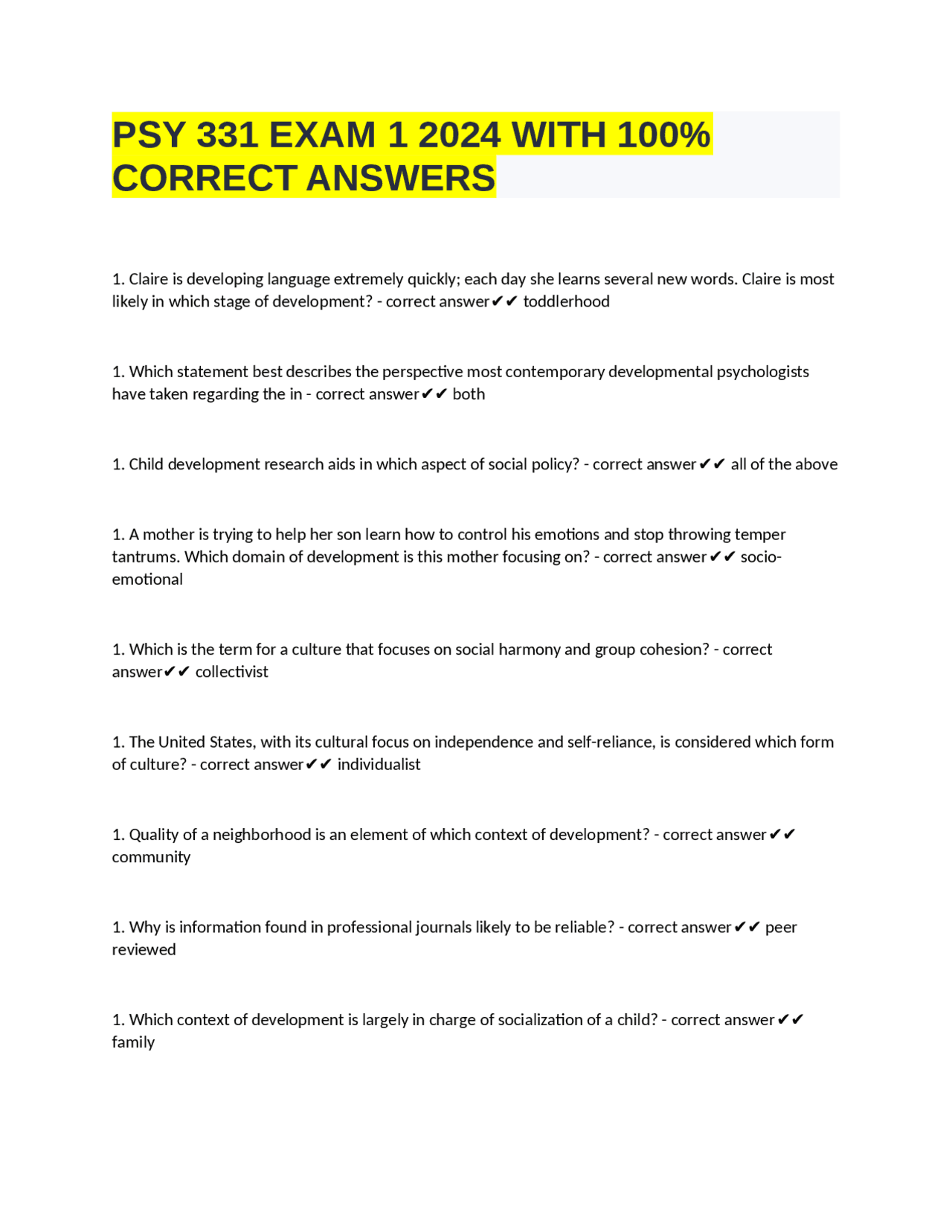 PSY 331 EXAM 1 2024 WITH 100% CORRECT ANSWERS | Exams Nursing | Docsity