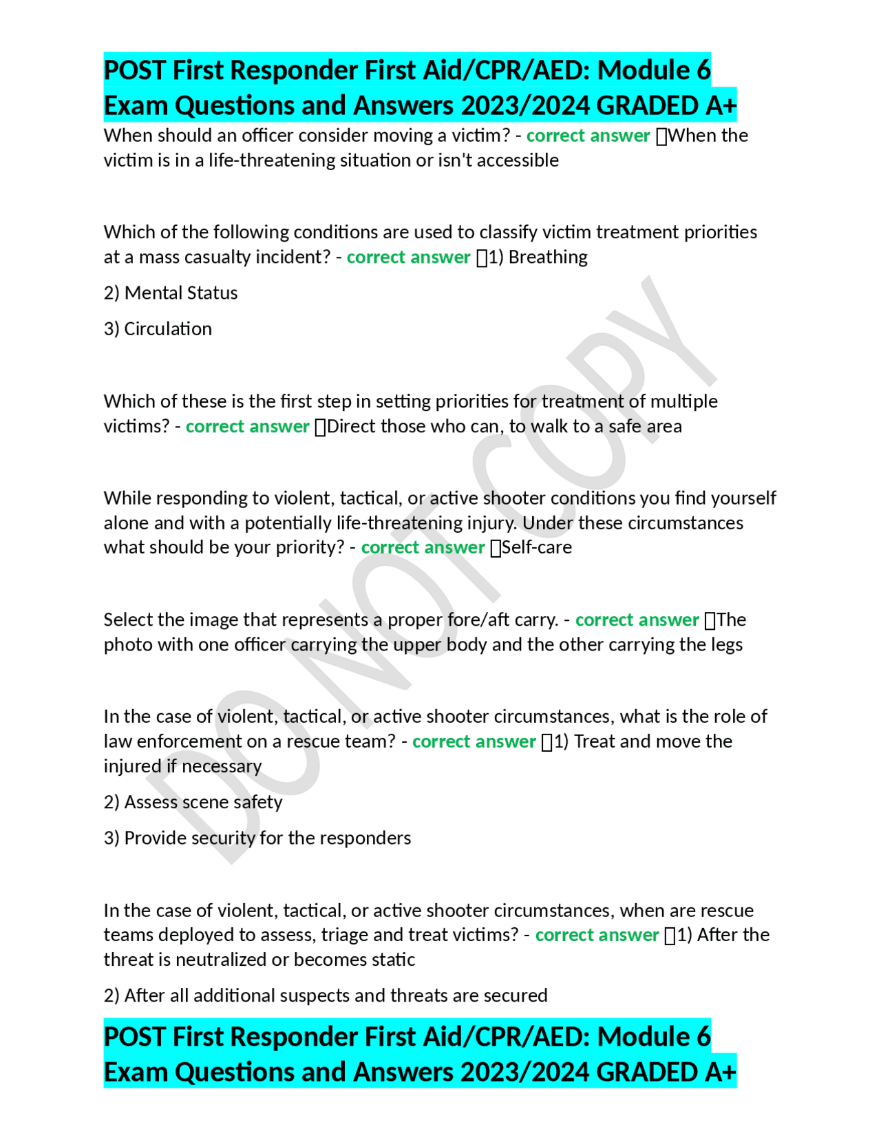 POST First Responder First Aid/CPR/AED: Module 6 Exam Questions and ...