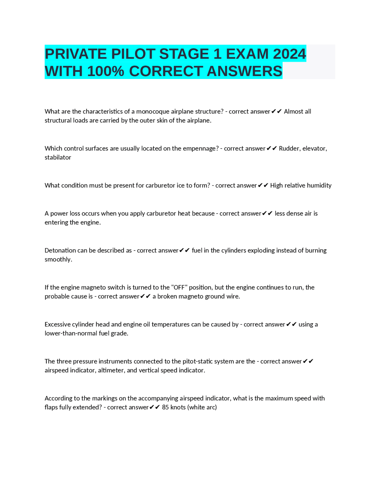 PRIVATE PILOT STAGE 1 EXAM 2024 WITH 100% CORRECT ANSWERS | Exams Transport economics | Docsity