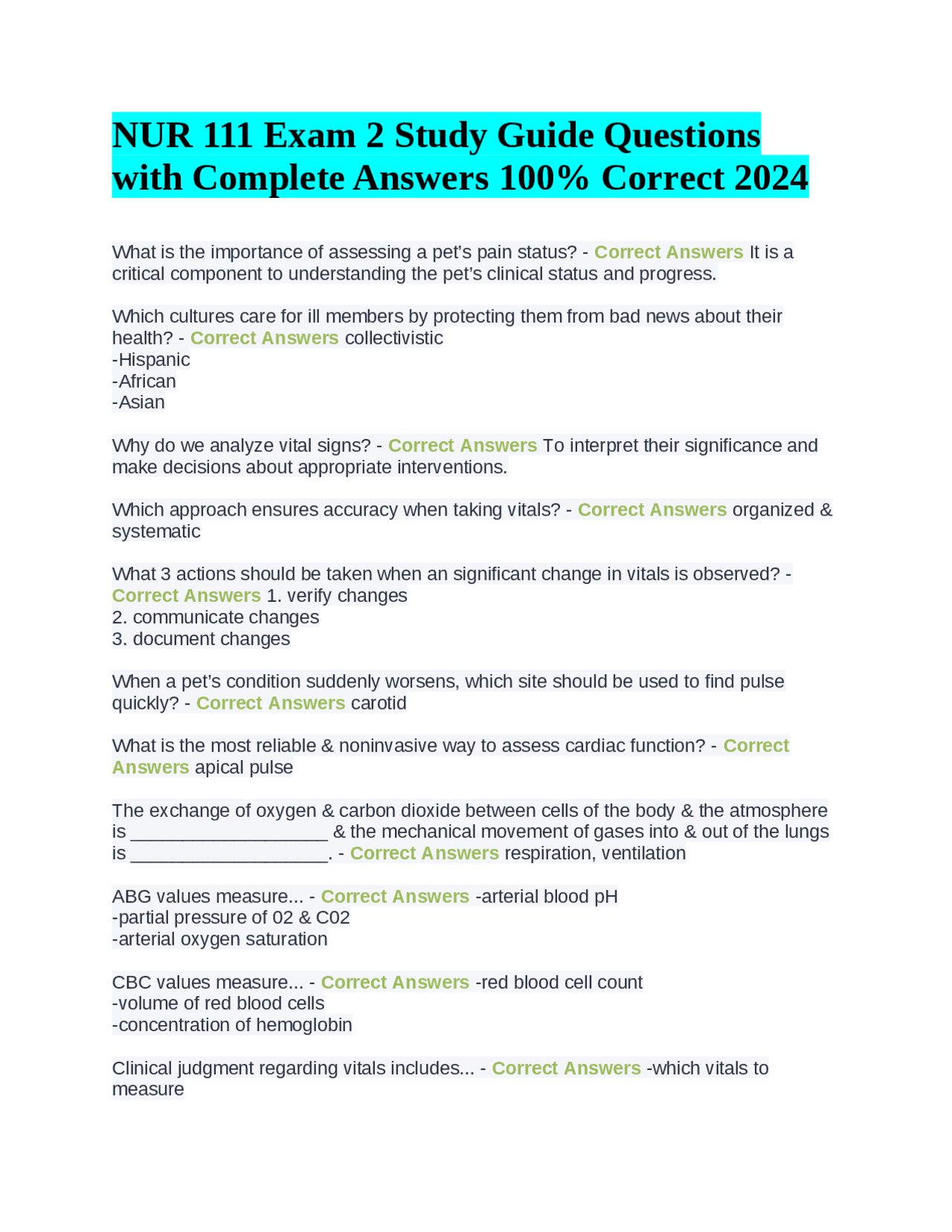 NUR 111 Exam 2 Study Guide Questions with Complete Answers 100% Correct ...