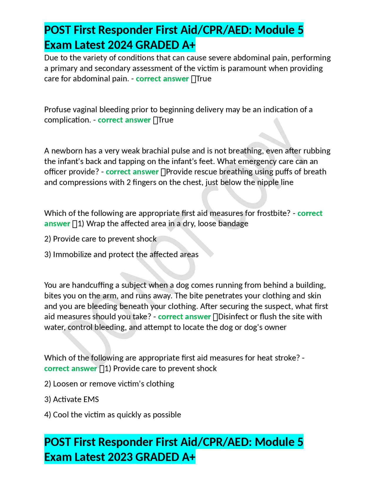 POST First Responder First Aid/CPR/AED Module 5 Exam Latest 2024