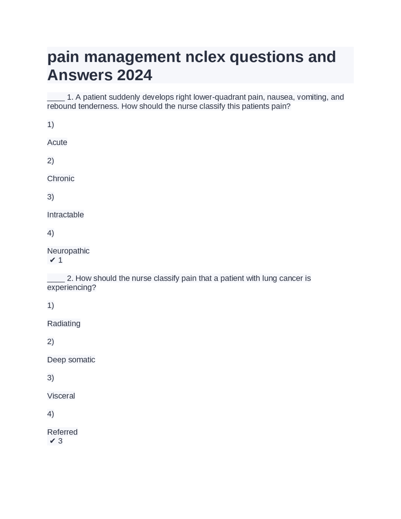 pain management nclex questions and Answers 2024 Exams Medicine Docsity