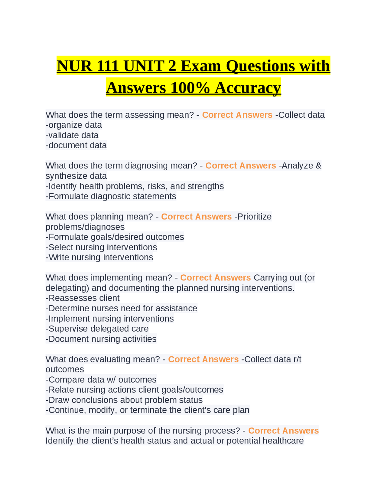 NUR 111 UNIT 2 Exam Questions with Answers 100% Accuracy | Exams ...