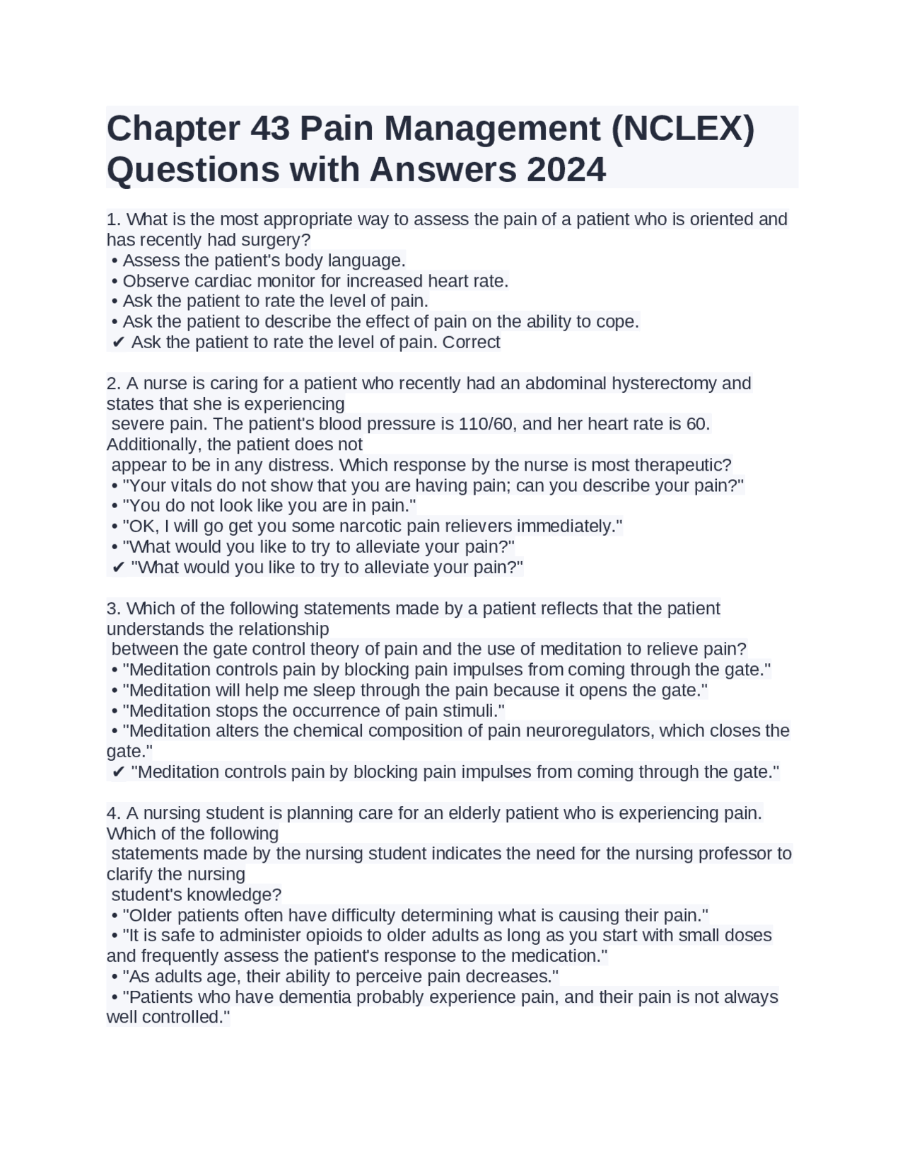 Chapter 43 Pain Management (NCLEX) Questions with Answers 2024 Exams
